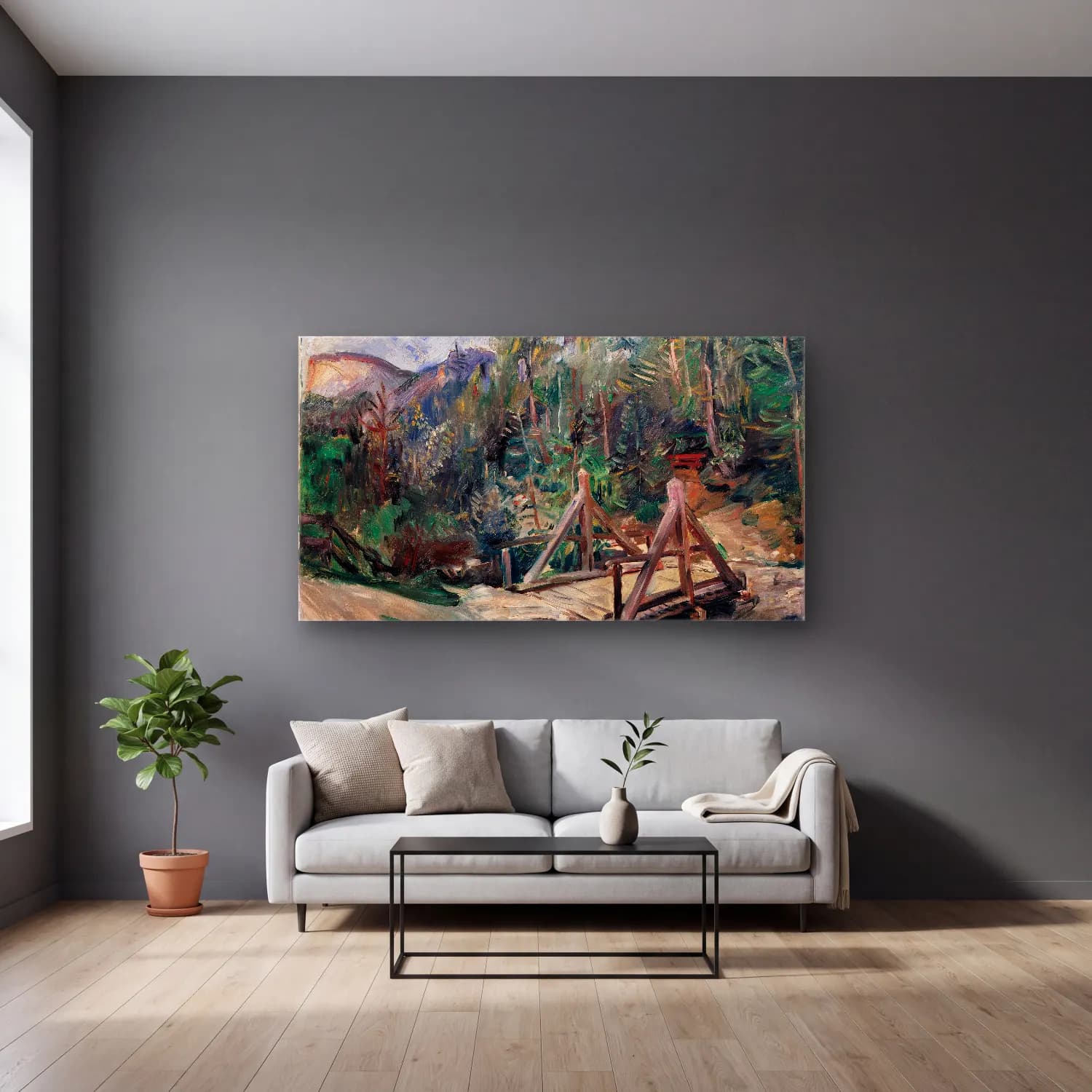 Lovis Corinth – Tiroler Landschaft Mit Brücke cam tablo — gri duvarlı salonda