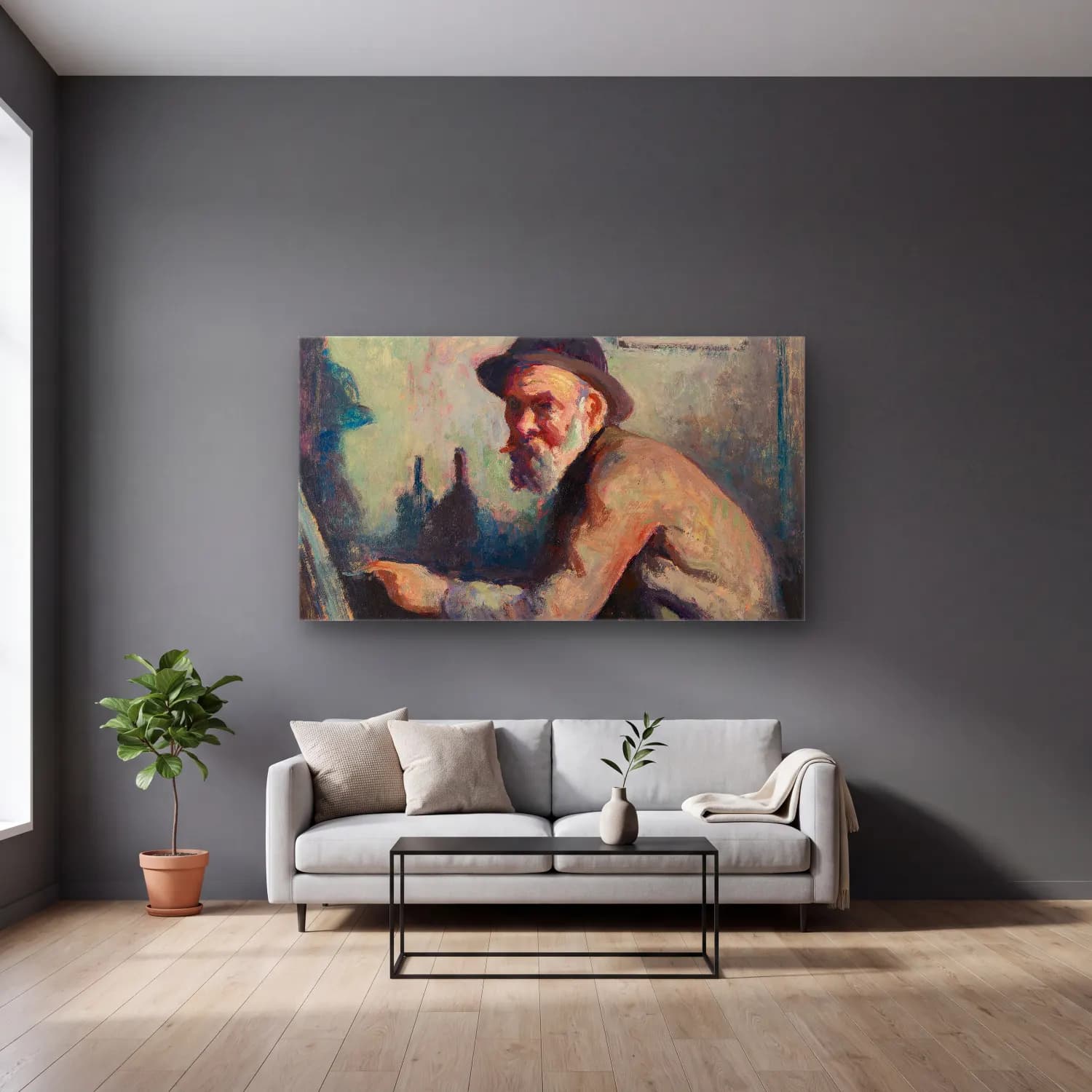 Maximilien Luce – Autoportrait au chevalet cam tablo — gri duvarlı salonda