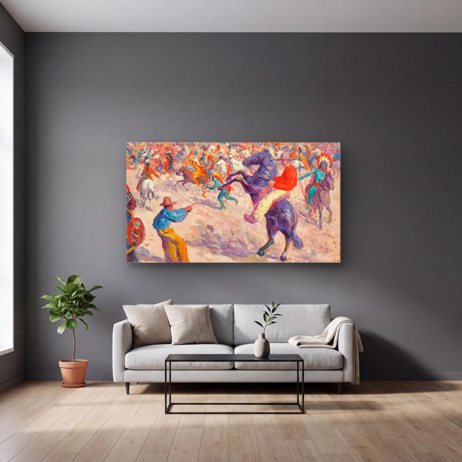 Maximilien Luce – Buffalo Bill, le lasso cam tablo — gri duvarlı salonda