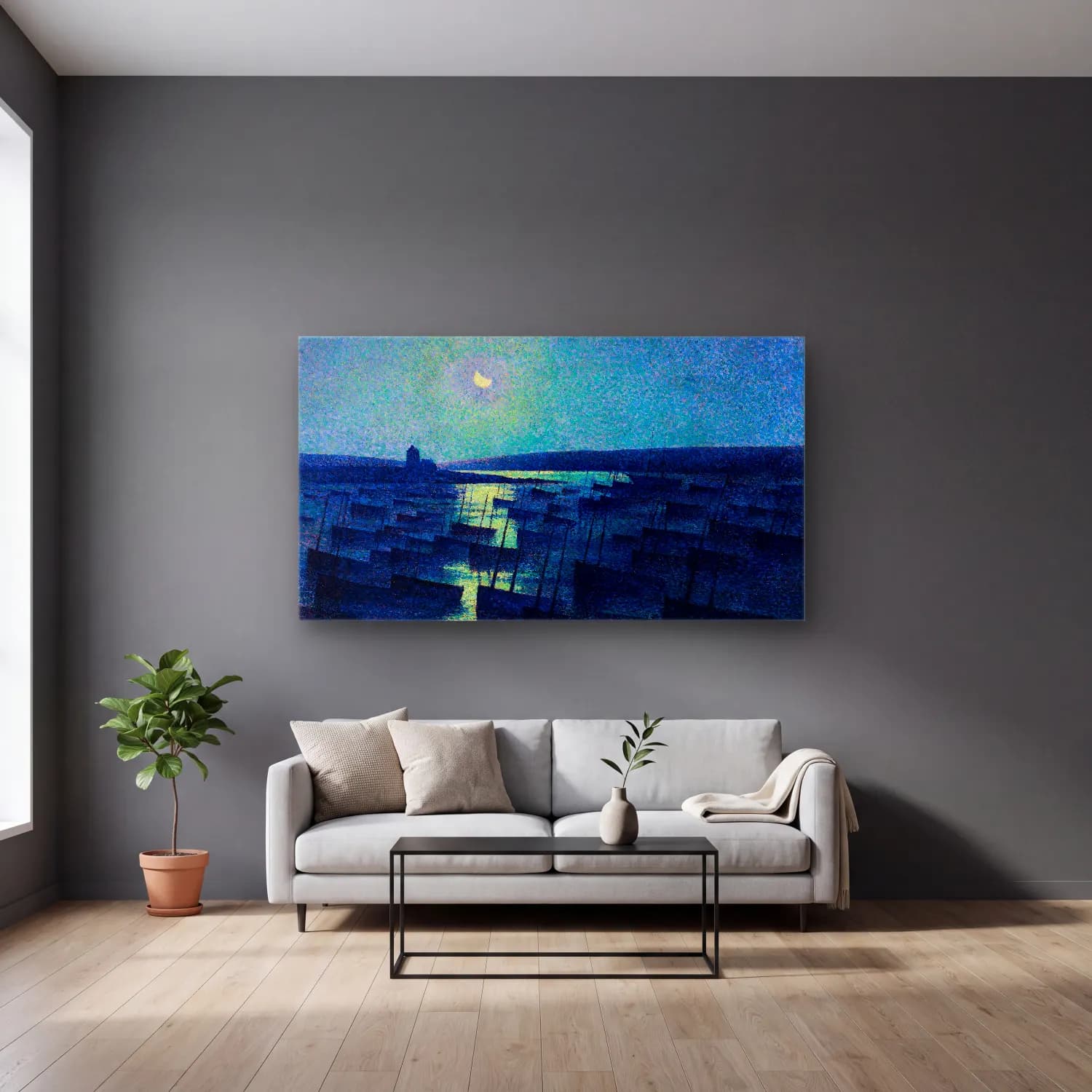 Maximilien Luce – Camaret, Moonlight and Fishing Boats cam tablo — gri duvarlı salonda