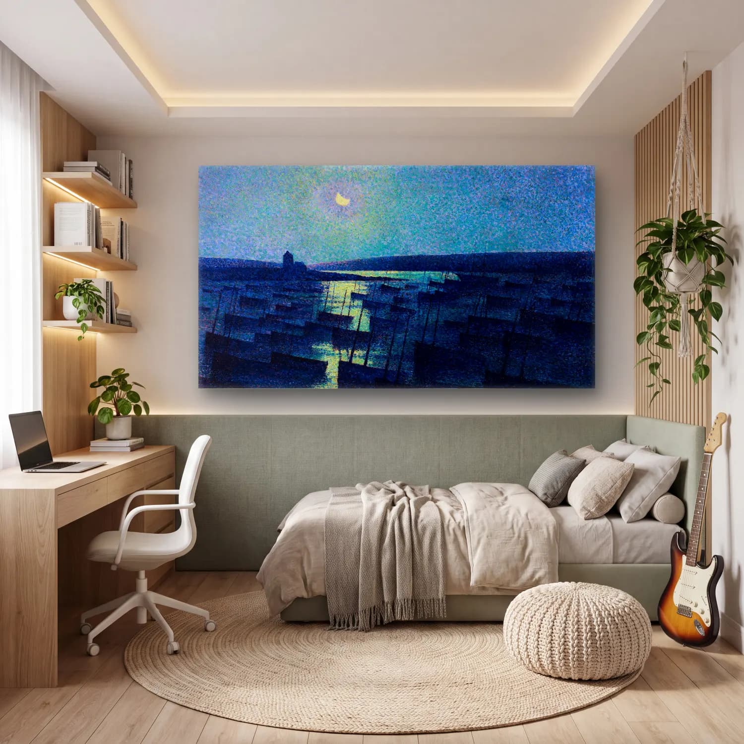 Maximilien Luce – Camaret, Moonlight and Fishing Boats cam tablo — genç odasında