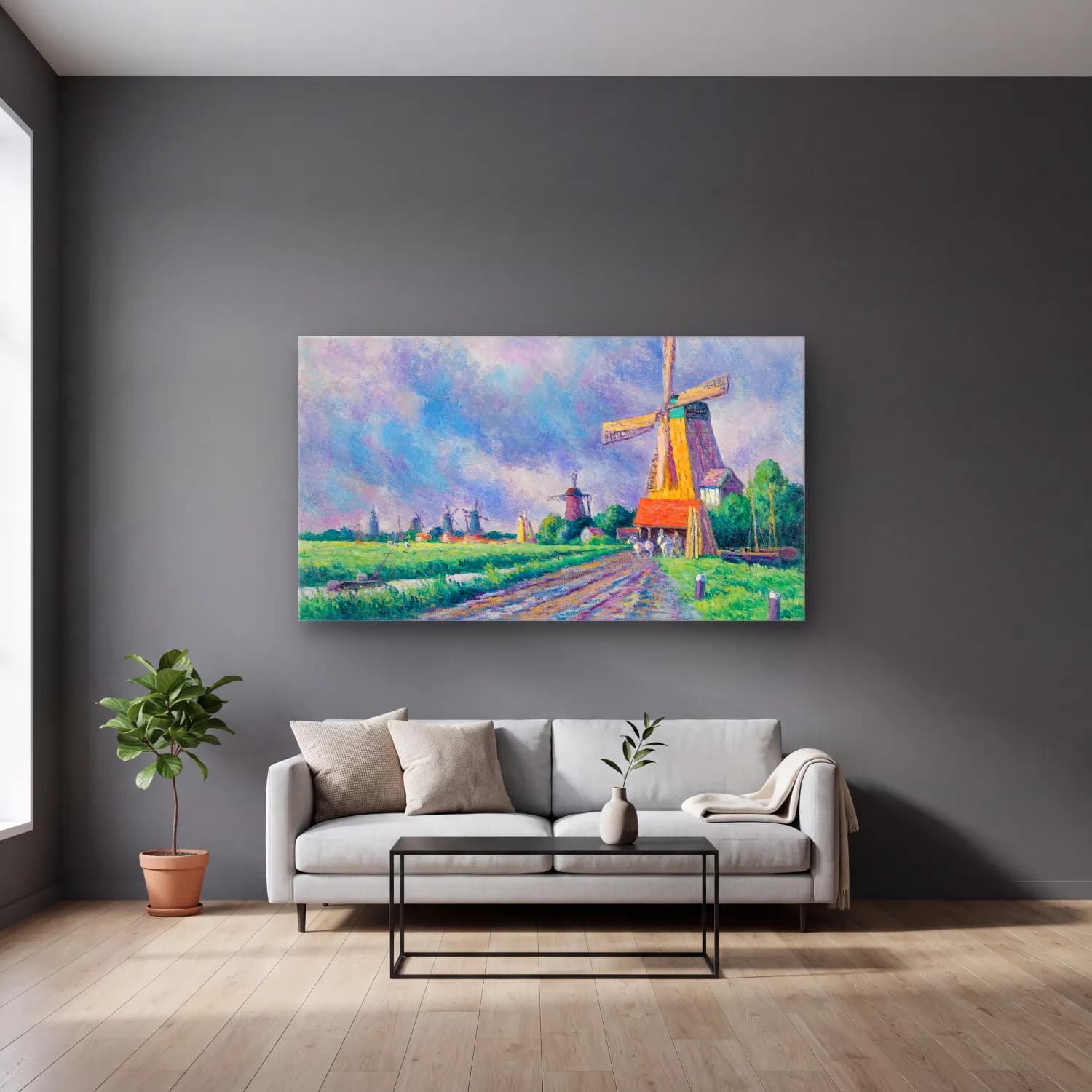 Maximilien Luce – Environs De Rotterdam cam tablo — gri duvarlı salonda