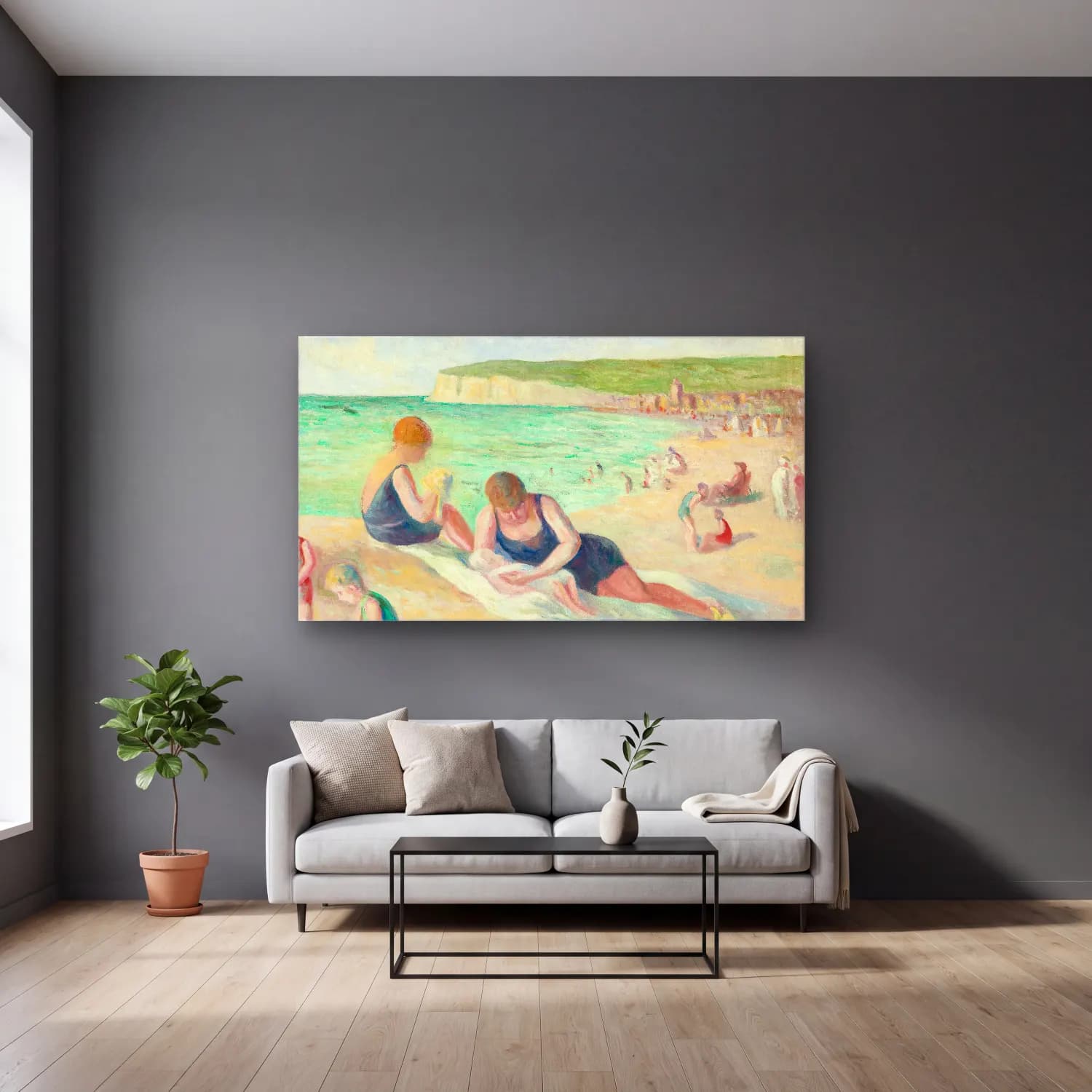 Maximilien Luce – La Plage De Mers-Les-Bains cam tablo — gri duvarlı salonda