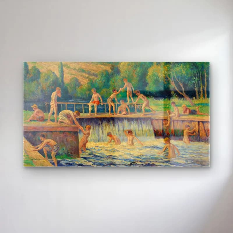 Maximilien Luce – La baignade à Bessy-sur-Cure (circa 1908) cam tablo — Maximilien Luce – La baignade à Bessy-sur-Cure (circa 1908) — empresyonist kırda nehir