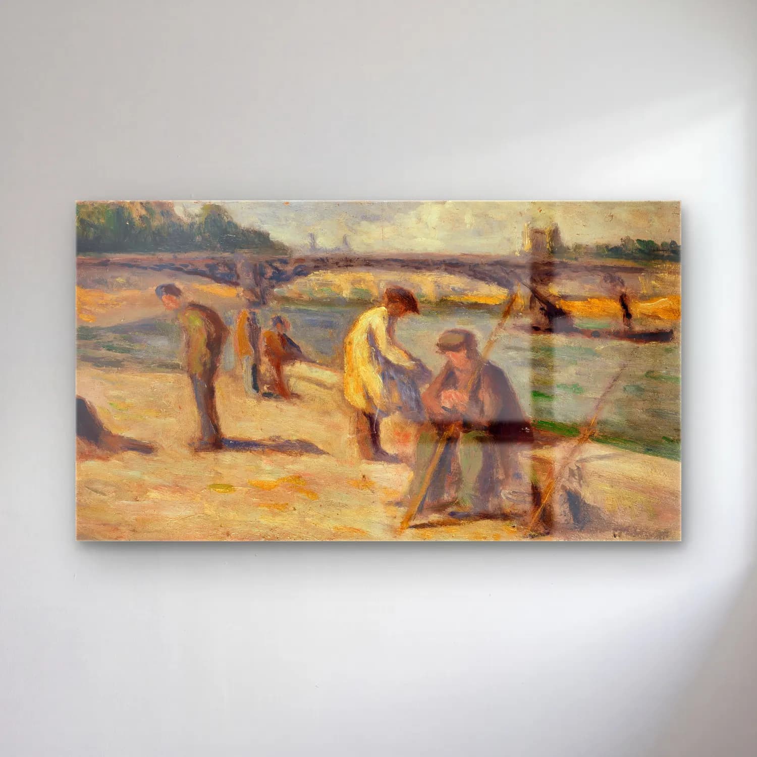 Maximilien Luce – La berge du quai Malaquais (before 1936) cam tablo — Maximilien Luce – La berge du quai Malaquais (before 1936) — empresyonist sahilde i̇nsanlar