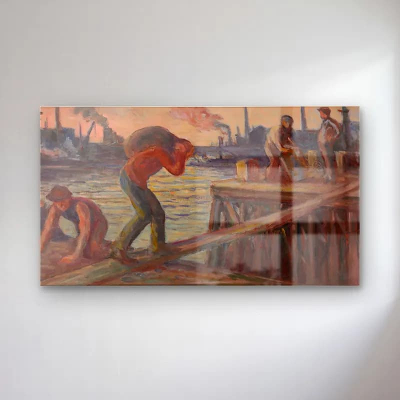 Maximilien Luce – Le Déchargement de la péniche (circa 1925-30) cam tablo — Maximilien Luce – Le Déchargement de la péniche (circa 1925-30) — yağlı boya liman ve tekneler