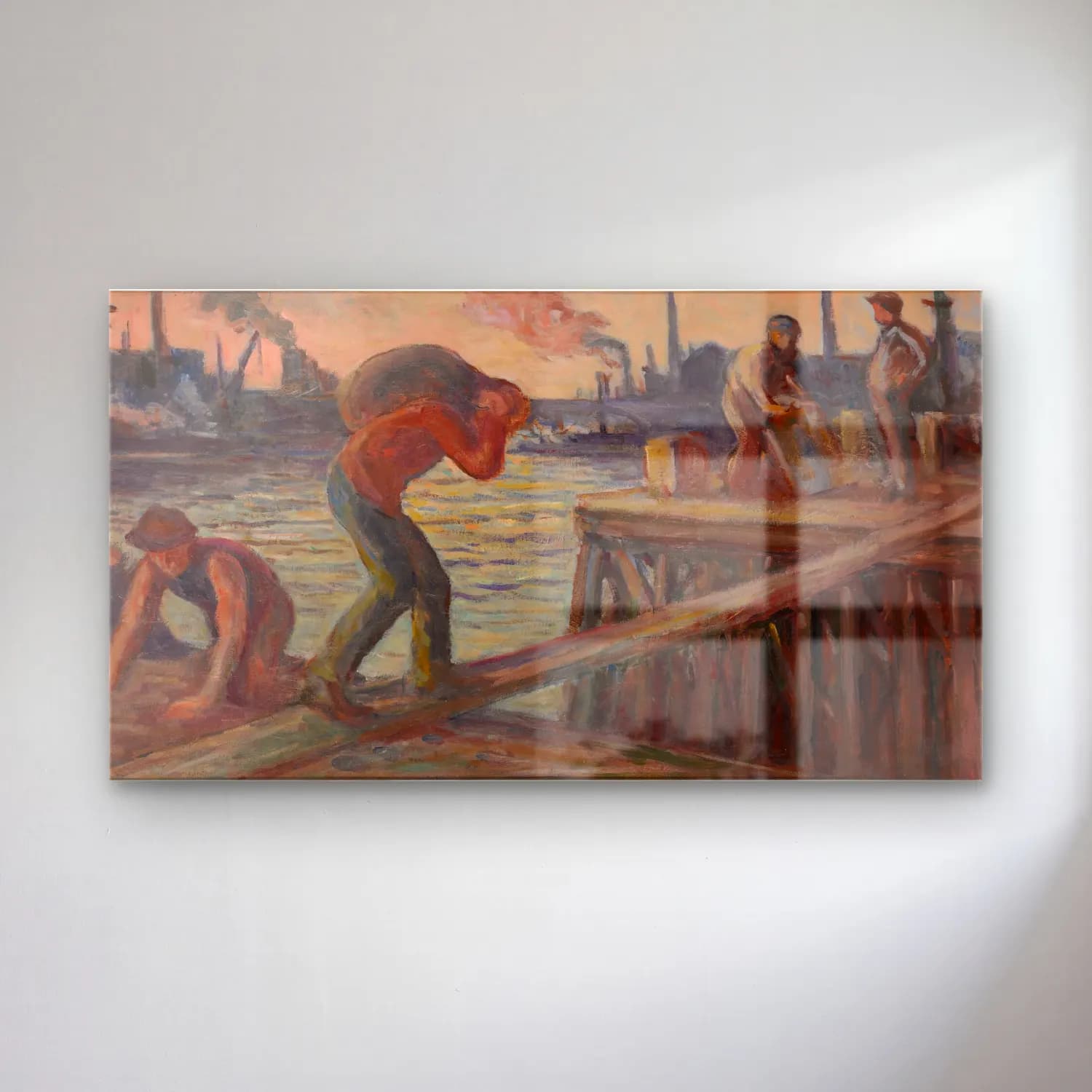 Maximilien Luce – Le Déchargement de la péniche (circa 1925-30) cam tablo — Maximilien Luce – Le Déchargement de la péniche (circa 1925-30) — yağlı boya liman ve tekneler