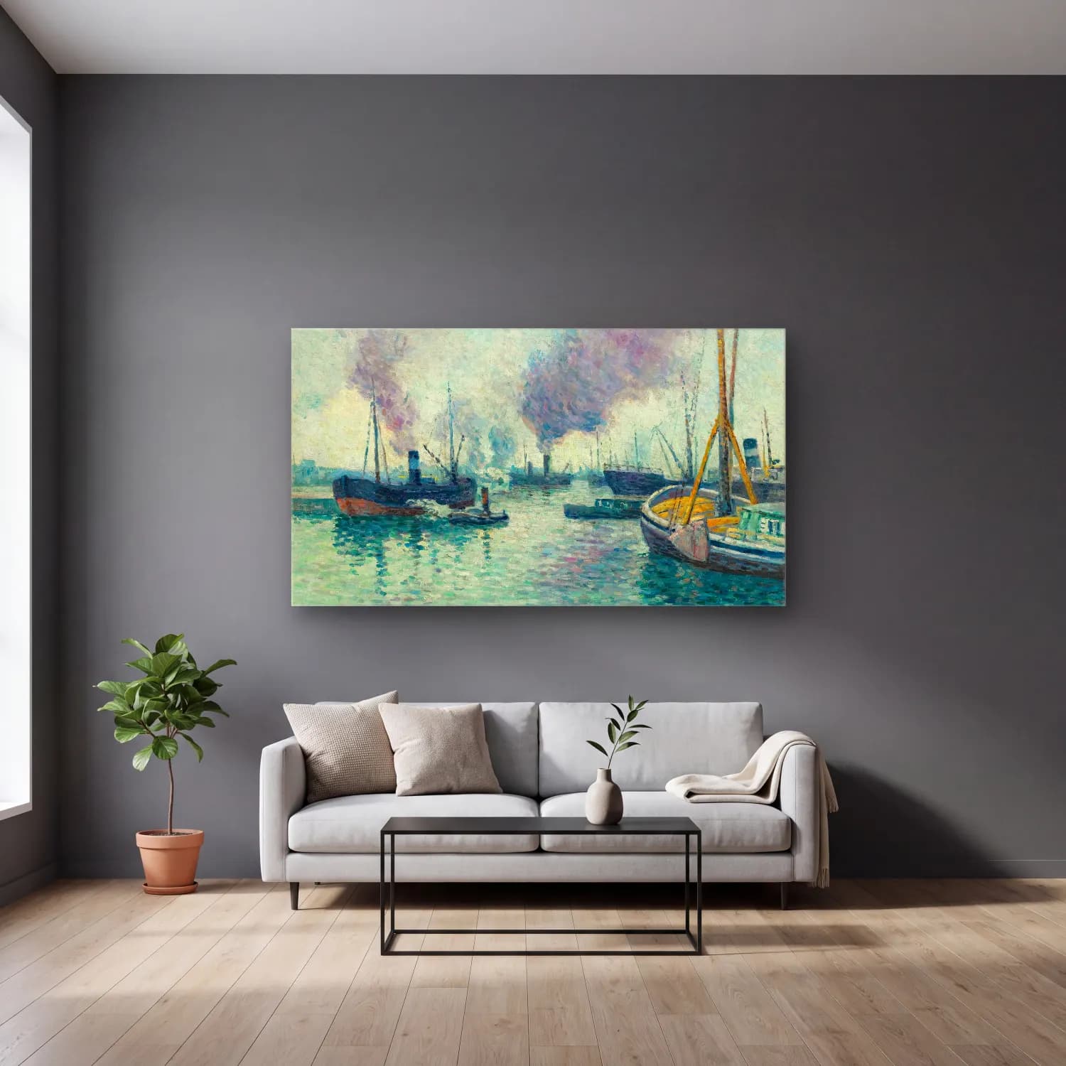 Maximilien Luce – Le Port De Rotterdam cam tablo — gri duvarlı salonda