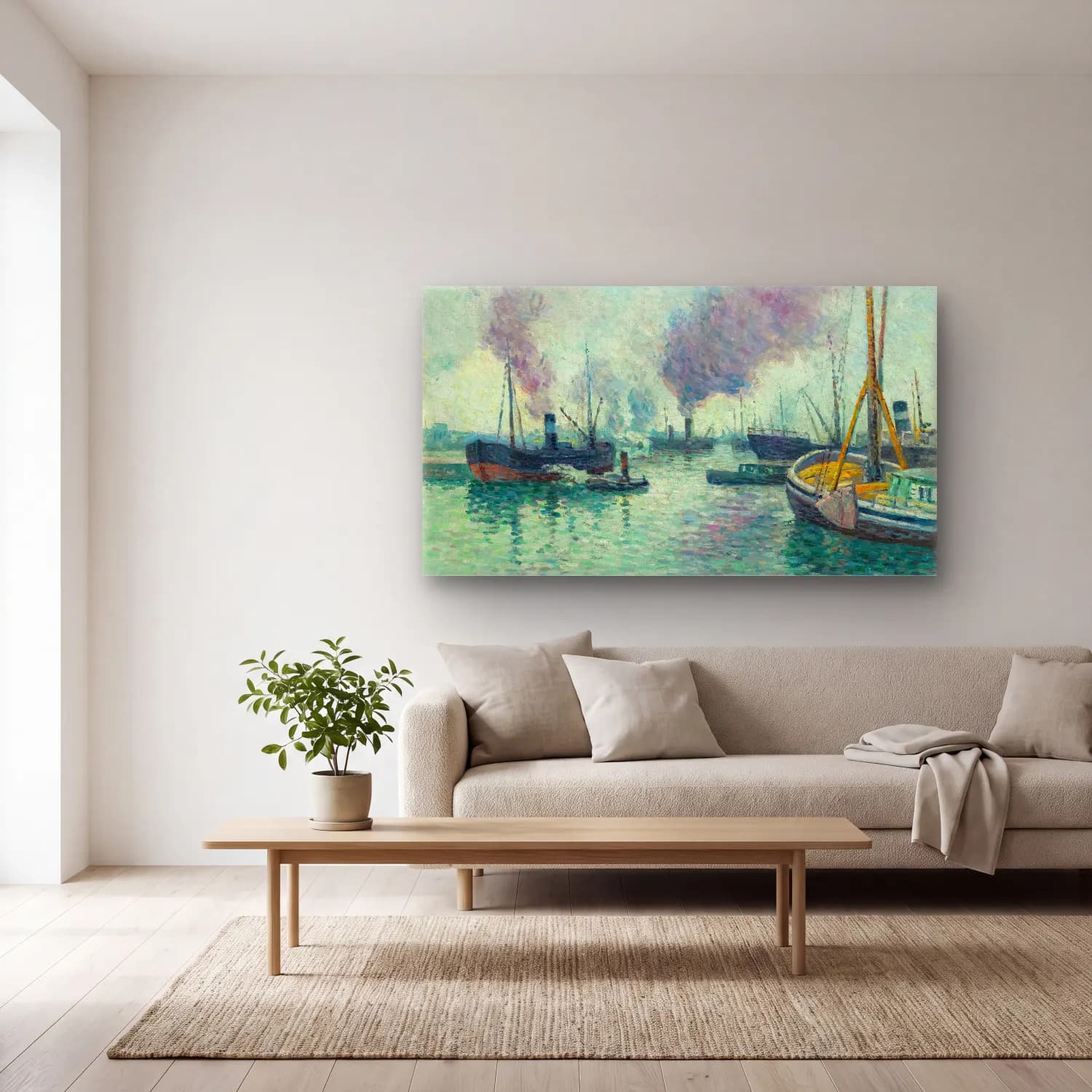 Maximilien Luce – Le Port De Rotterdam cam tablo — açık renk salonda