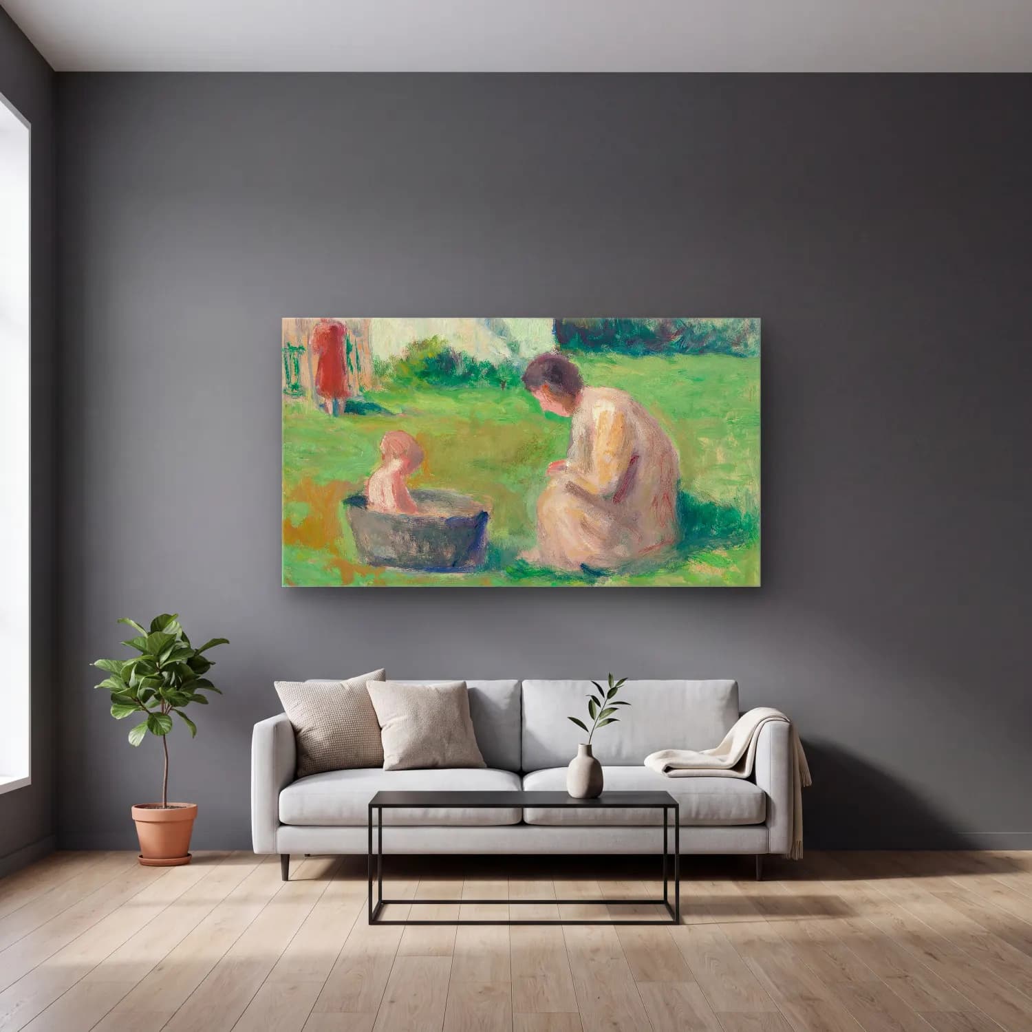 Maximilien Luce – Le bain du bébé cam tablo — gri duvarlı salonda