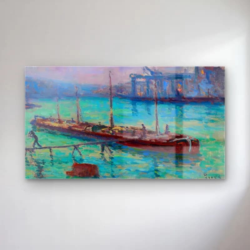 Maximilien Luce – Péniche Au Bord De La Seine (circa 1910) cam tablo — Maximilien Luce – Péniche Au Bord De La Seine (circa 1910) — empresyonist liman ve tekneler