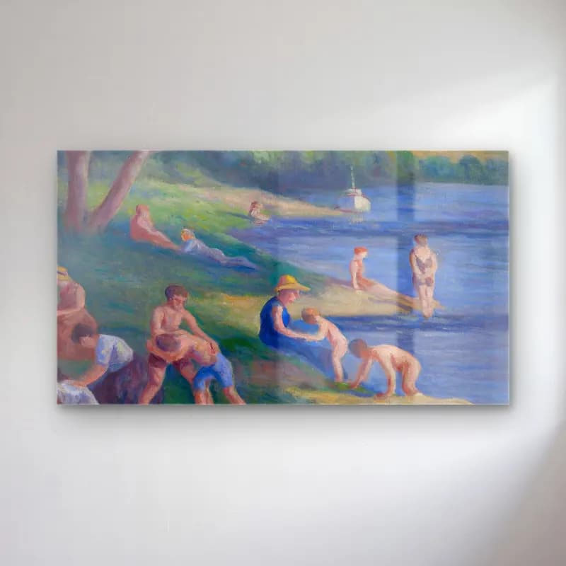Maximilien Luce – Rolleboise, La Baignade cam tablo — Maximilien Luce – Rolleboise, La Baignade — empresyonist sahilde i̇nsanlar