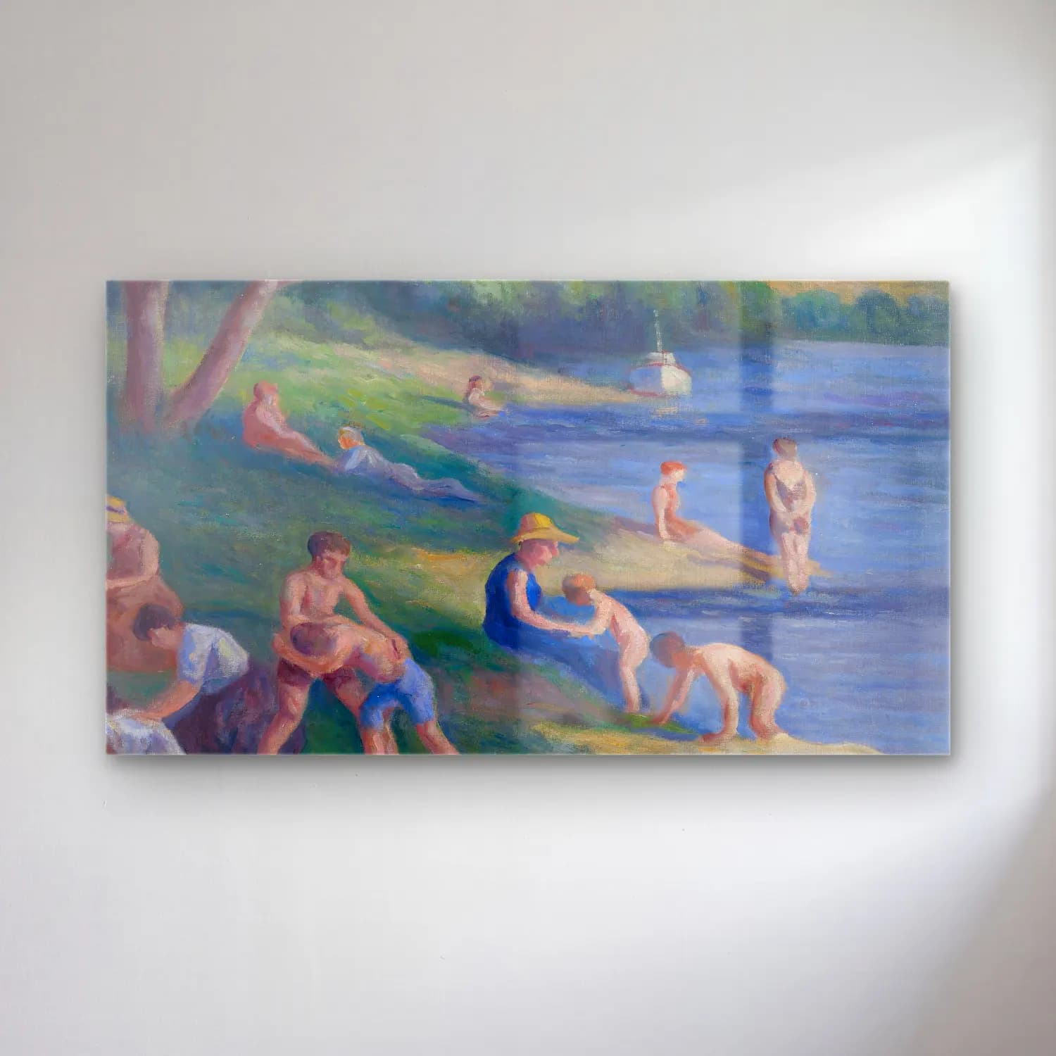 Maximilien Luce – Rolleboise, La Baignade cam tablo — Maximilien Luce – Rolleboise, La Baignade — empresyonist sahilde i̇nsanlar