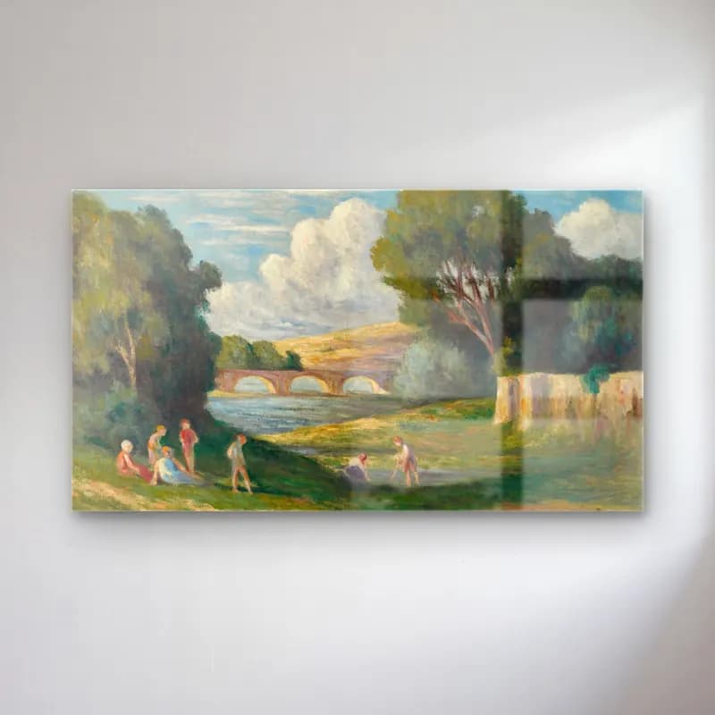 Maximilien Luce – Rolleboise, baigneurs près du bras de Seine cam tablo — Maximilien Luce – Rolleboise, baigneurs près du bras de Seine — empresyonist kırda nehir