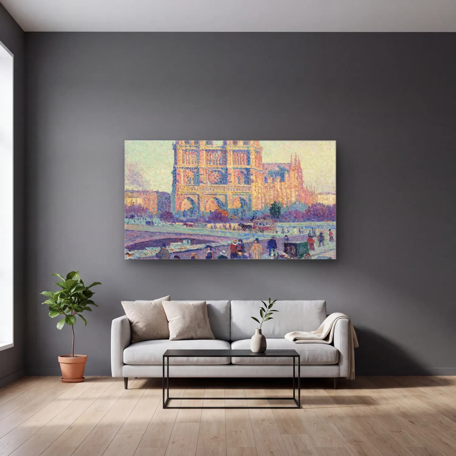 Maximilien Luce – The Quai Saint-Michel and Notre-Dame cam tablo — gri duvarlı salonda
