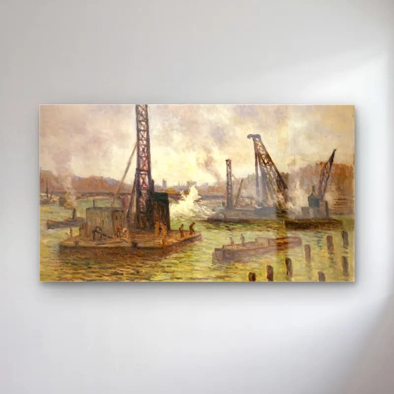 Maximilien Luce – Travaux sur la Seine, au pont des Saints-Pères cam tablo — Maximilien Luce – Travaux sur la Seine, au pont des Saints-Pères — empresyonist liman ve tekneler