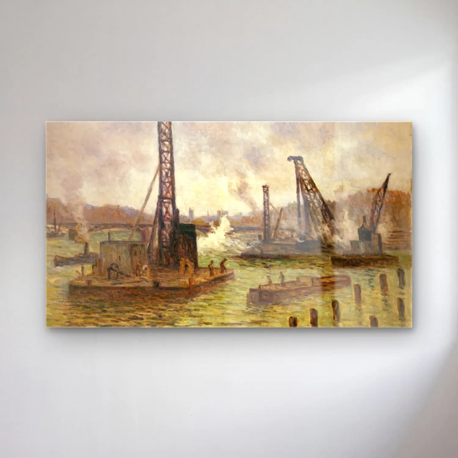 Maximilien Luce – Travaux sur la Seine, au pont des Saints-Pères cam tablo — Maximilien Luce – Travaux sur la Seine, au pont des Saints-Pères — empresyonist liman ve tekneler