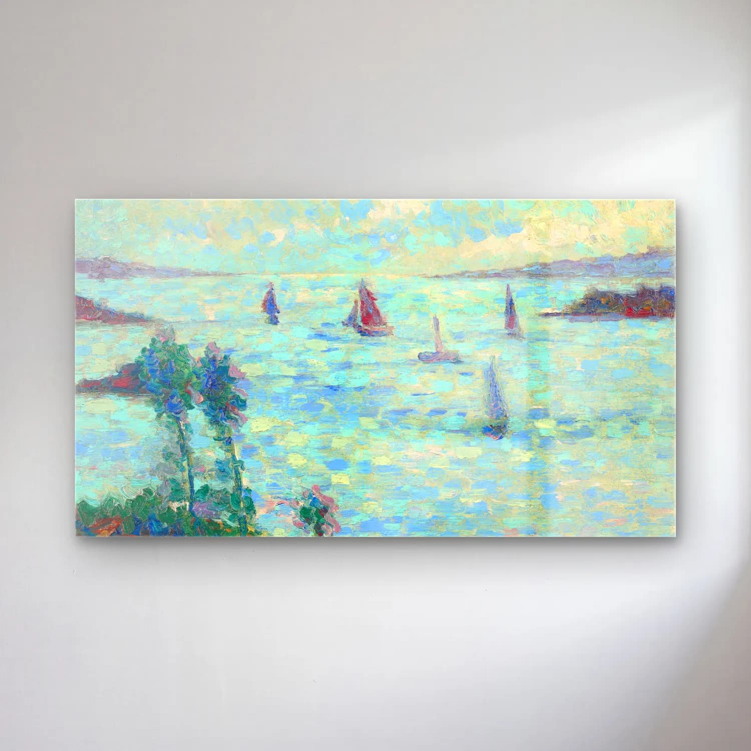 Maximilien Luce – Voiliers au large de Kermouster (circa 1914-1915) cam tablo — Maximilien Luce – Voiliers au large de Kermouster (circa 1914-1915) — empresyonist yelkenliler