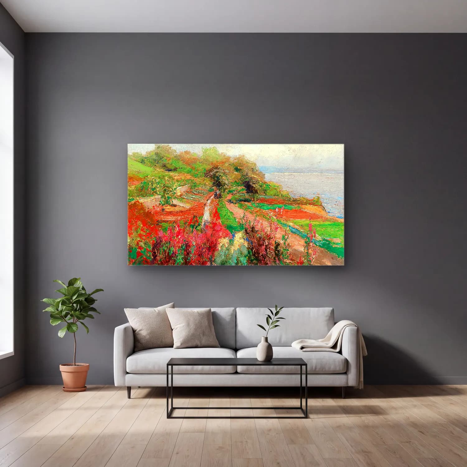 Olga Wisinger-Florian – Olga Wisinger-Florian - A coastal landscape cam tablo — gri duvarlı salonda