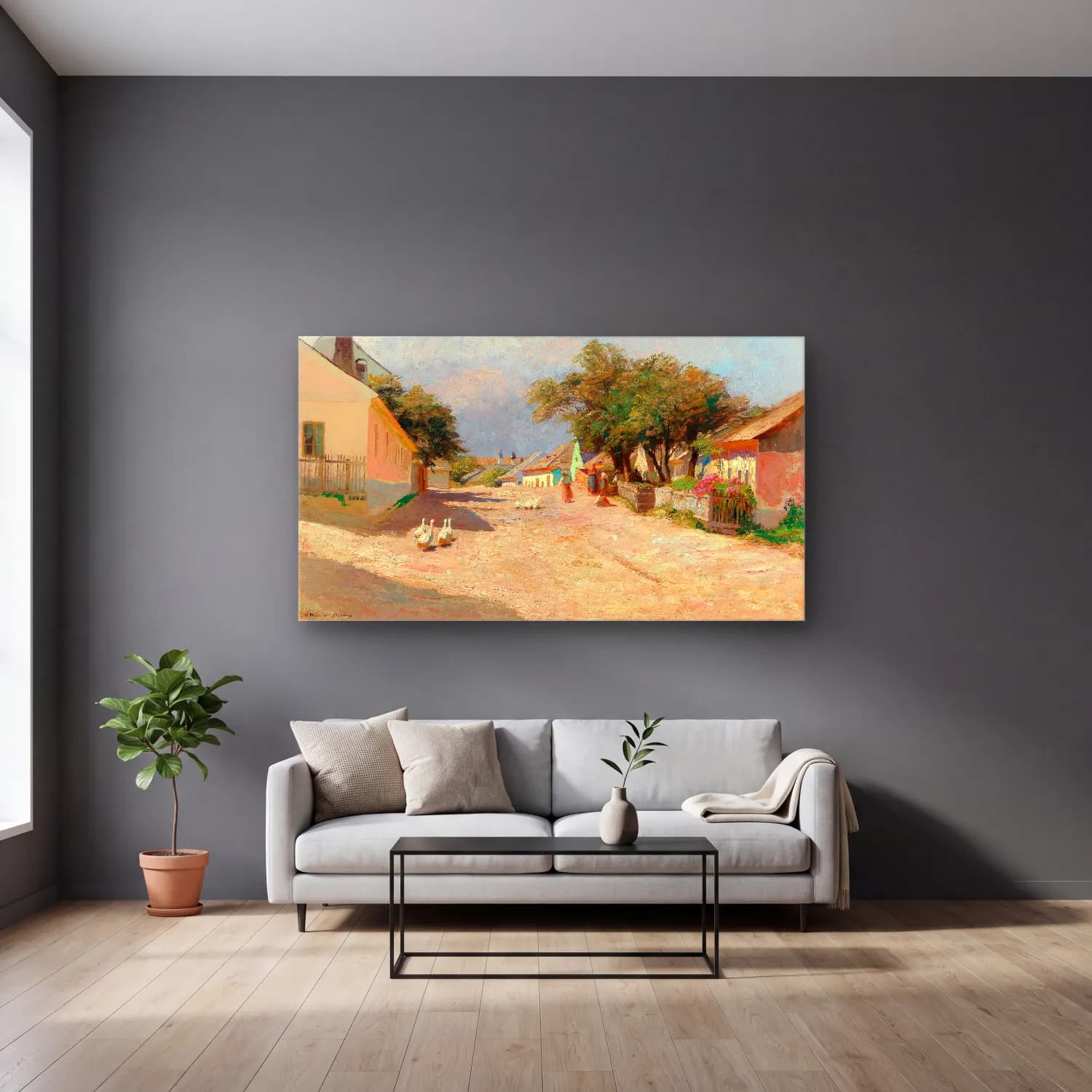Olga Wisinger-Florian – Olga Wisinger-Florian - A village road in the summer midday… cam tablo — gri duvarlı salonda