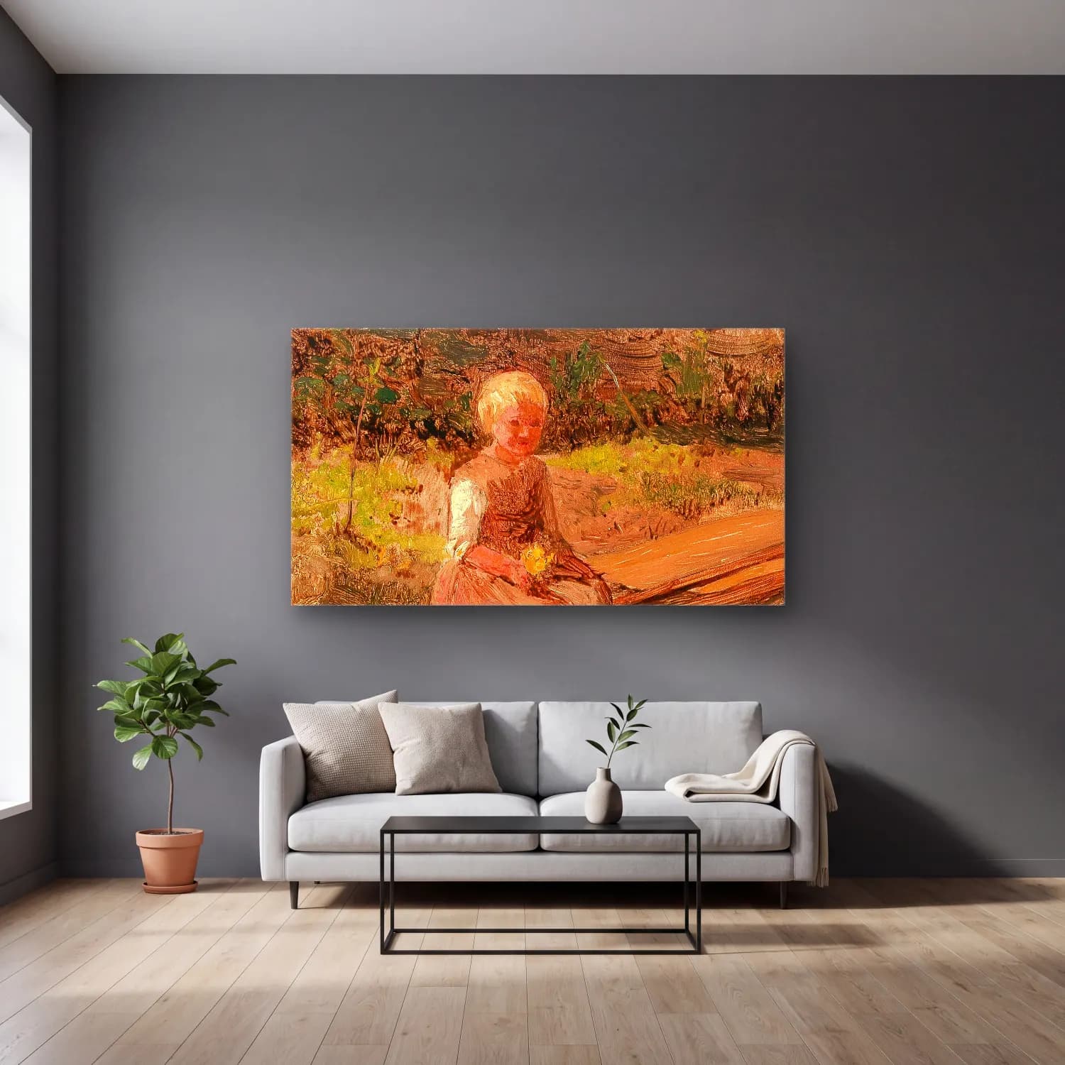 Olga Wisinger-Florian – Olga Wisinger-Florian - Child Sitting on a Wooden Walkway cam tablo — gri duvarlı salonda