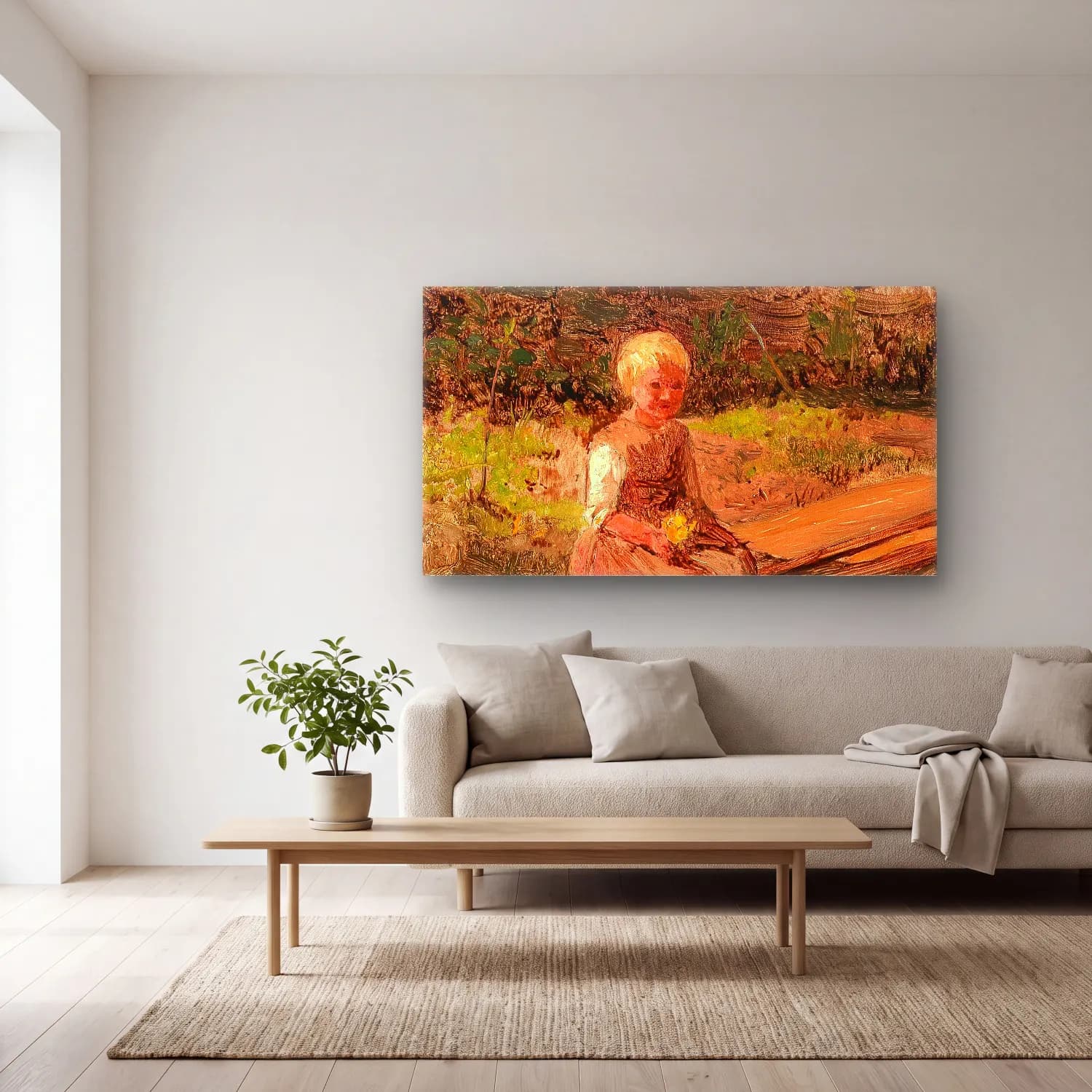 Olga Wisinger-Florian – Olga Wisinger-Florian - Child Sitting on a Wooden Walkway cam tablo — açık renk salonda