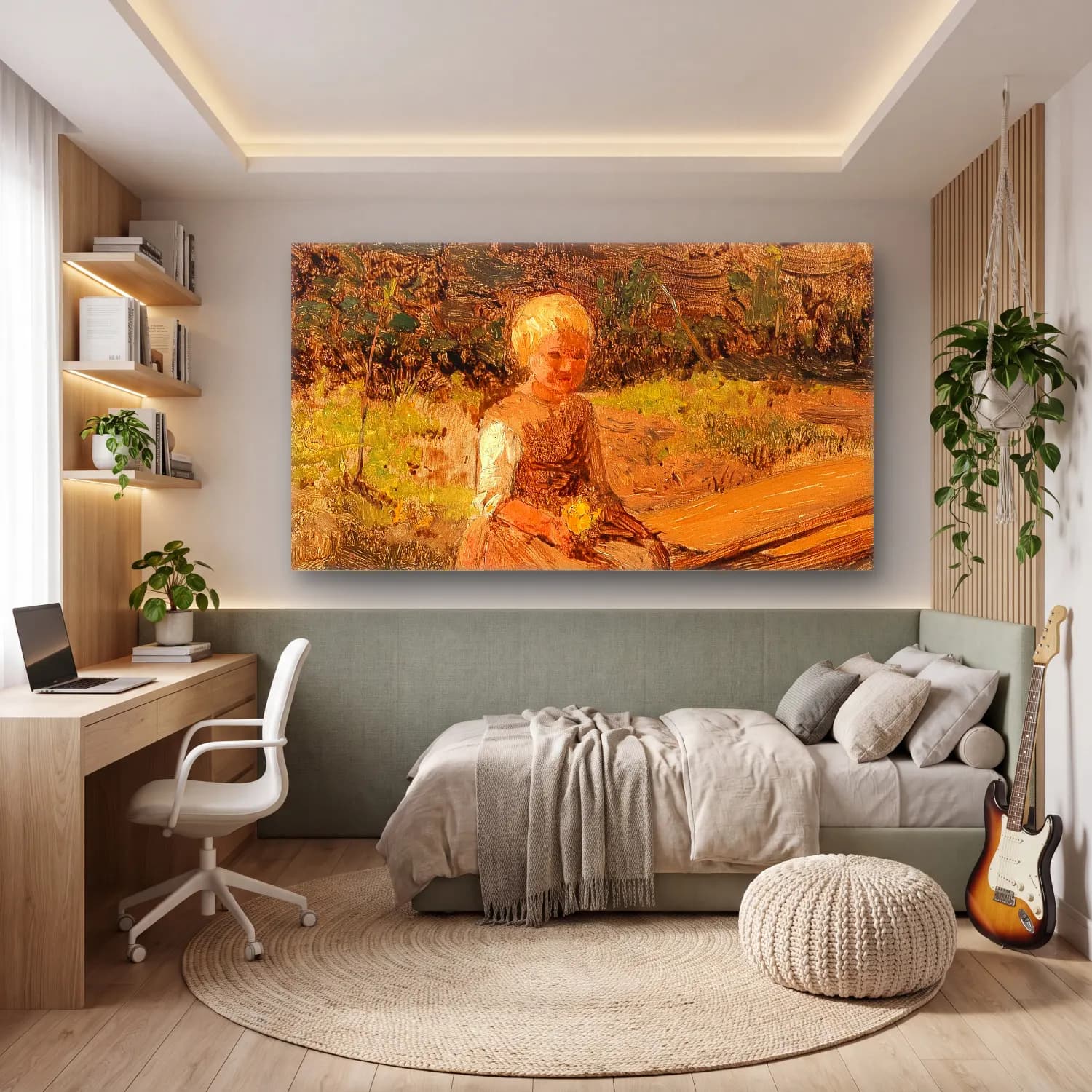 Olga Wisinger-Florian – Olga Wisinger-Florian - Child Sitting on a Wooden Walkway cam tablo — genç odasında