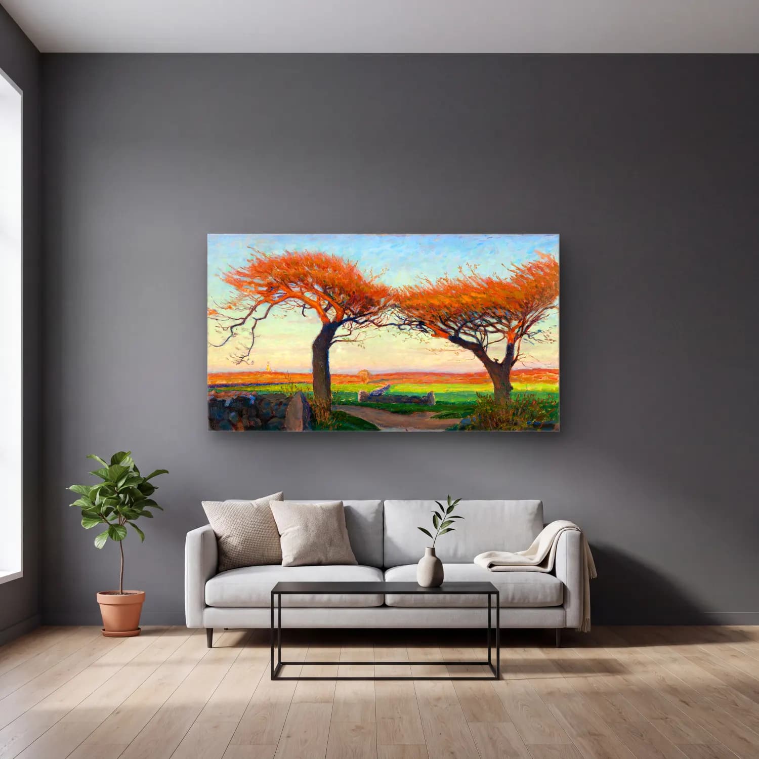 Richard Bergh – Landscape from Halland cam tablo — gri duvarlı salonda