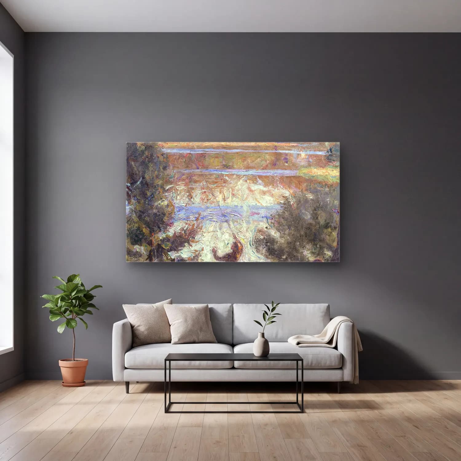 Richard Bergh – Park Landscape, Tyresö cam tablo — gri duvarlı salonda