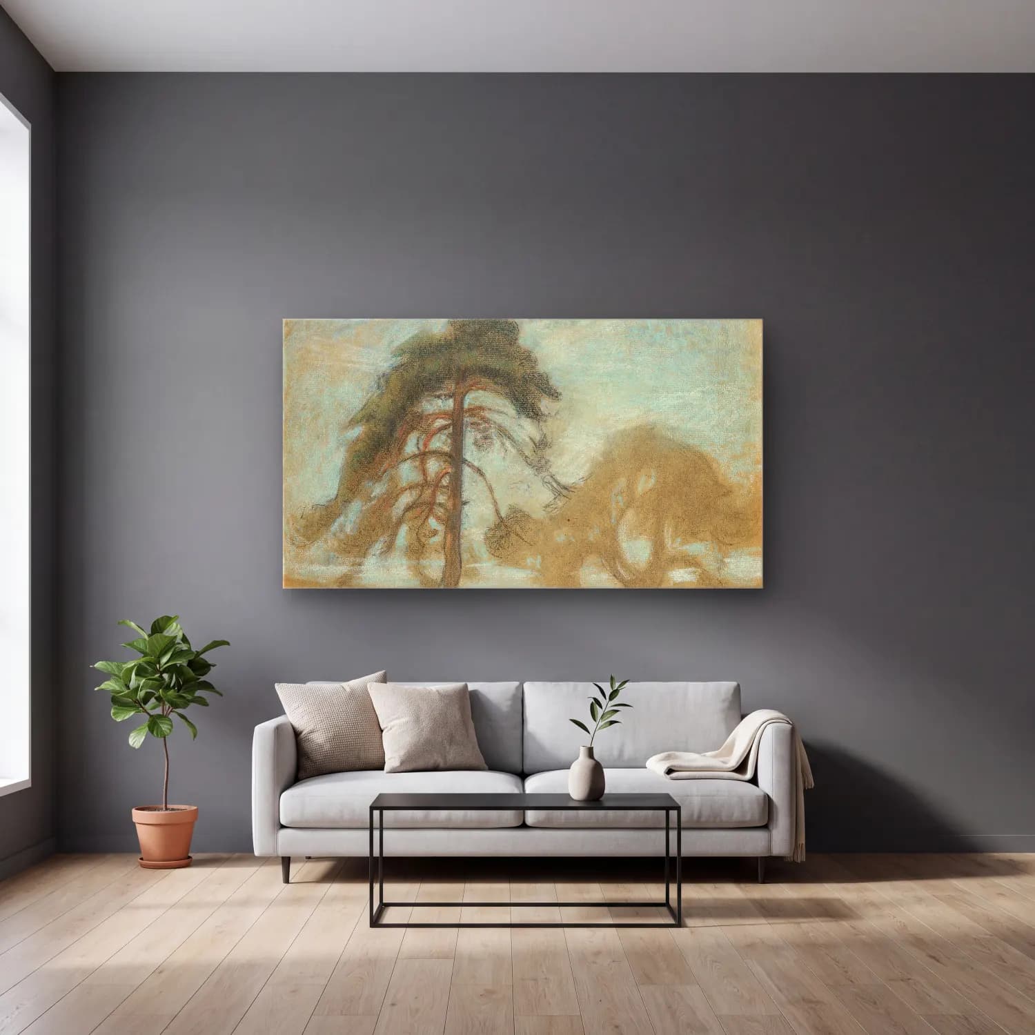 Richard Bergh – Pine Trees Tyresö cam tablo — gri duvarlı salonda