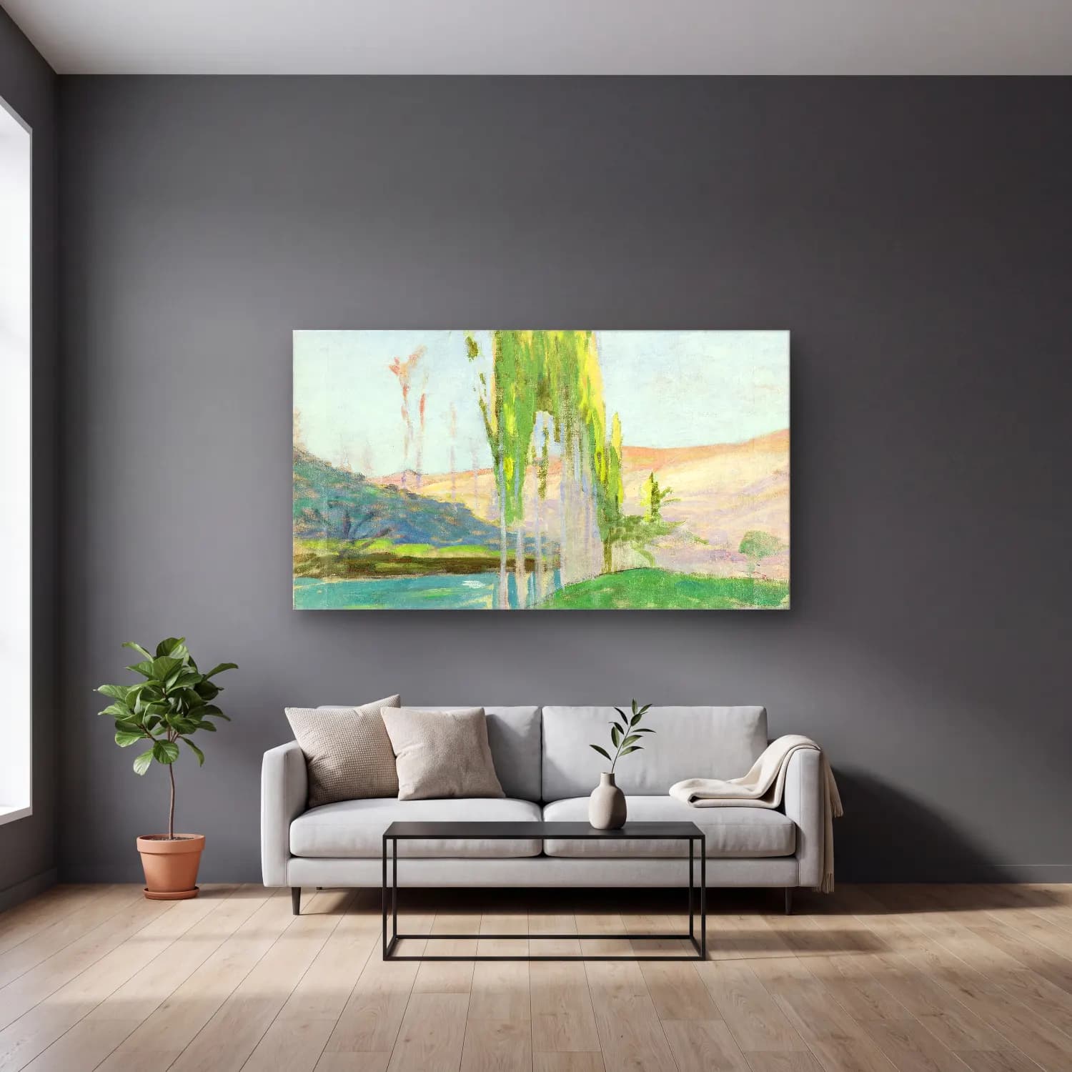 Richard Bergh – Poplars Growing near a Watercourse cam tablo — gri duvarlı salonda