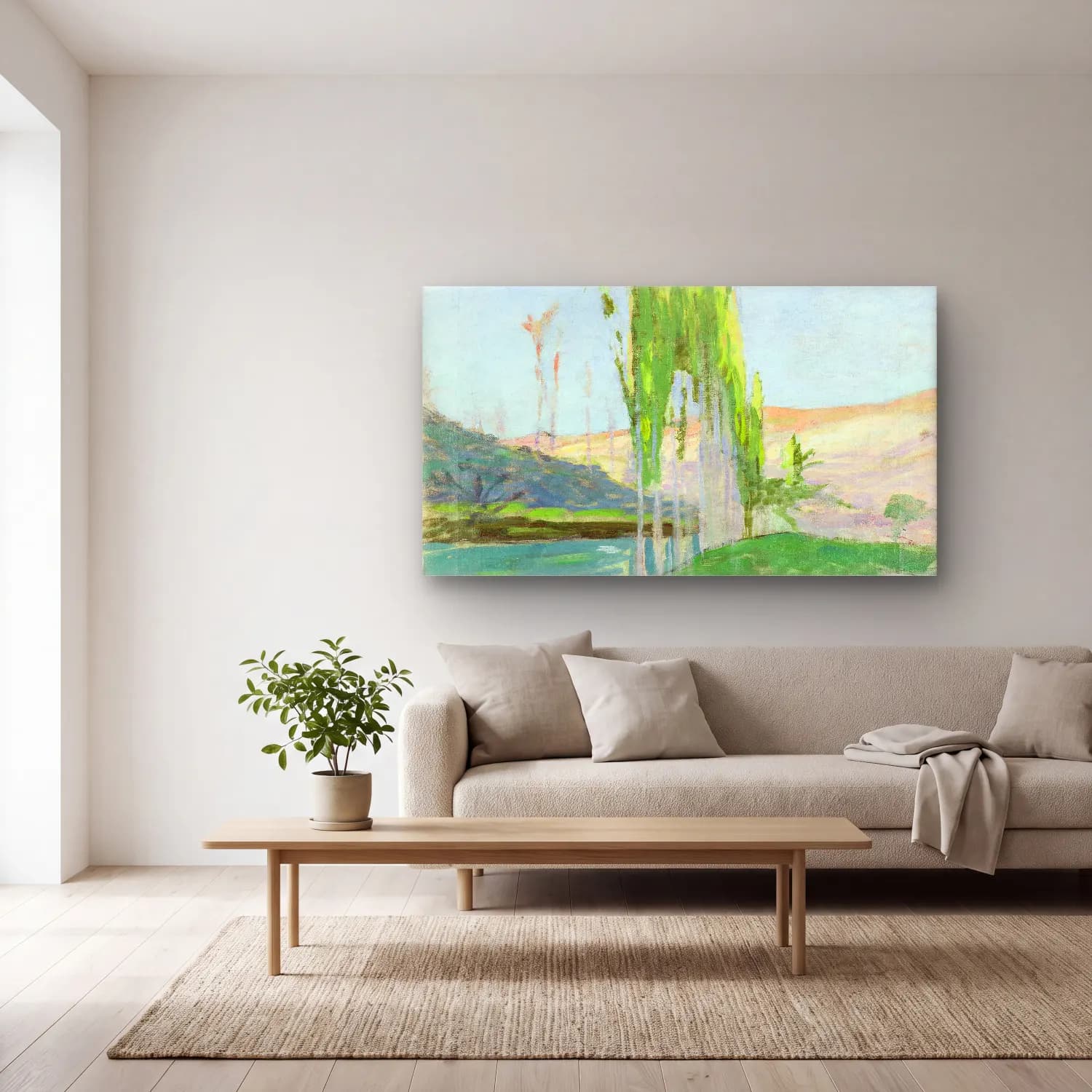 Richard Bergh – Poplars Growing near a Watercourse cam tablo — açık renk salonda