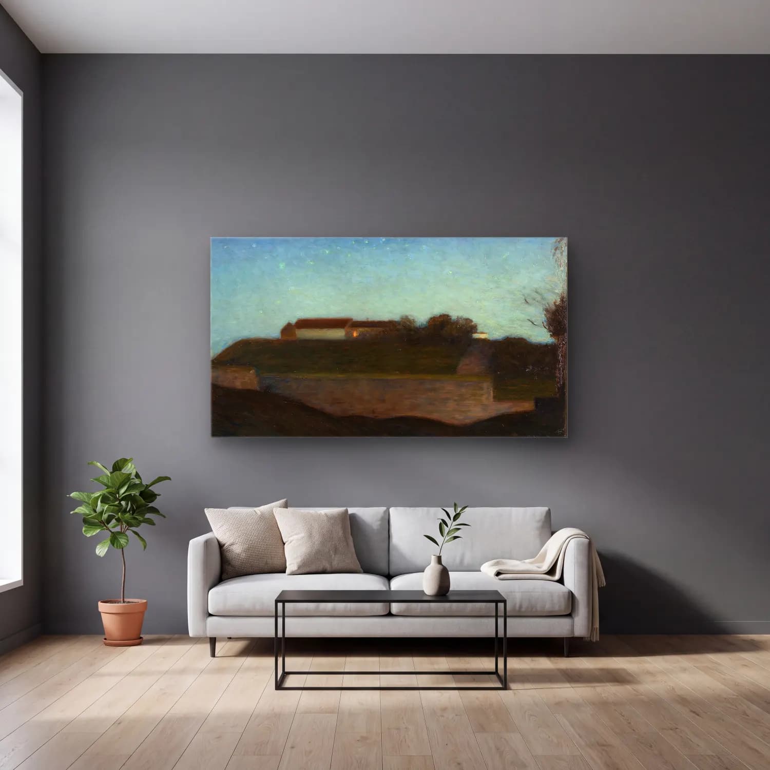 Richard Bergh – The Fortress of Varberg cam tablo — gri duvarlı salonda