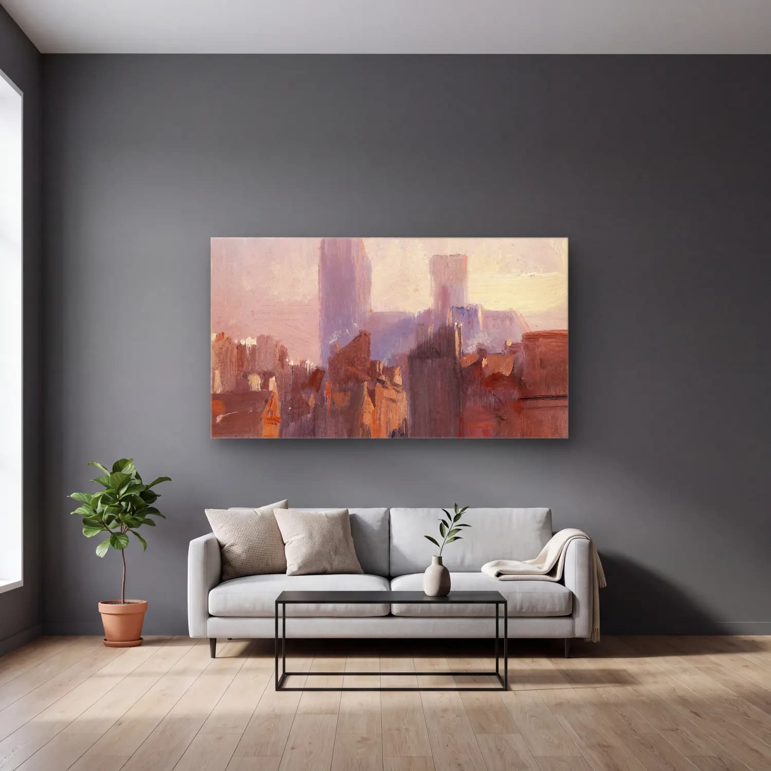 Richard Parkes Bonington – Rouen Cathedral, Sunrise cam tablo — gri duvarlı salonda