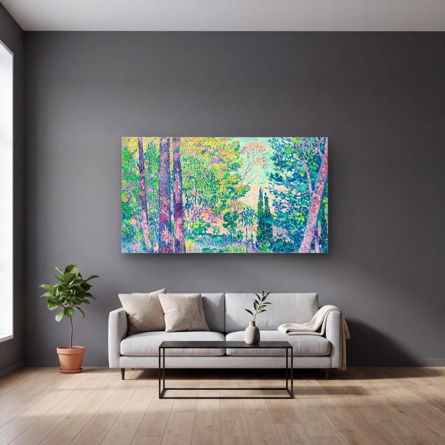 Theo van Rysselberghe – Theo van Rysselberghe - Eucalyptus à Cavalière cam tablo — gri duvarlı salonda