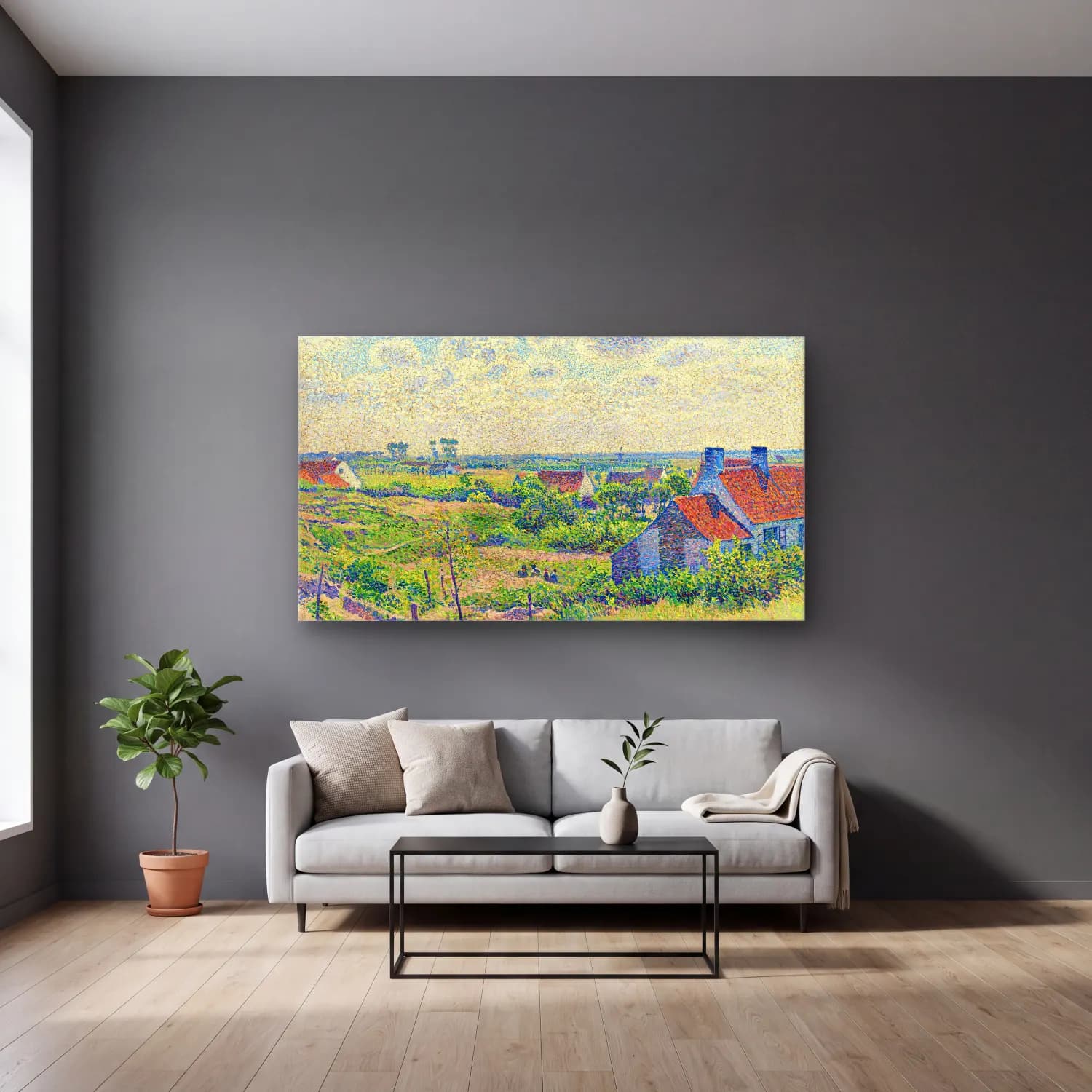 Theo van Rysselberghe – Theo van Rysselberghe - Paysage Avec Maisons cam tablo — gri duvarlı salonda
