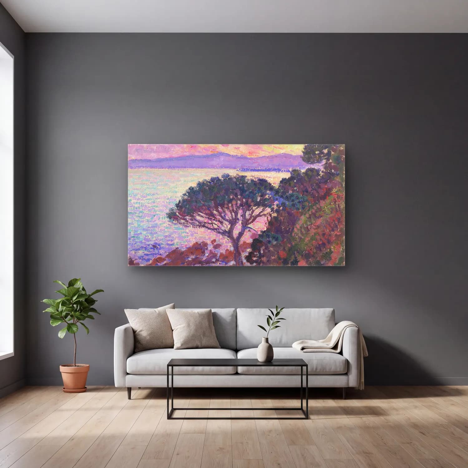 Theo van Rysselberghe – Theo van Rysselberghe - Pine-Tree near the Mediterranean… cam tablo — gri duvarlı salonda