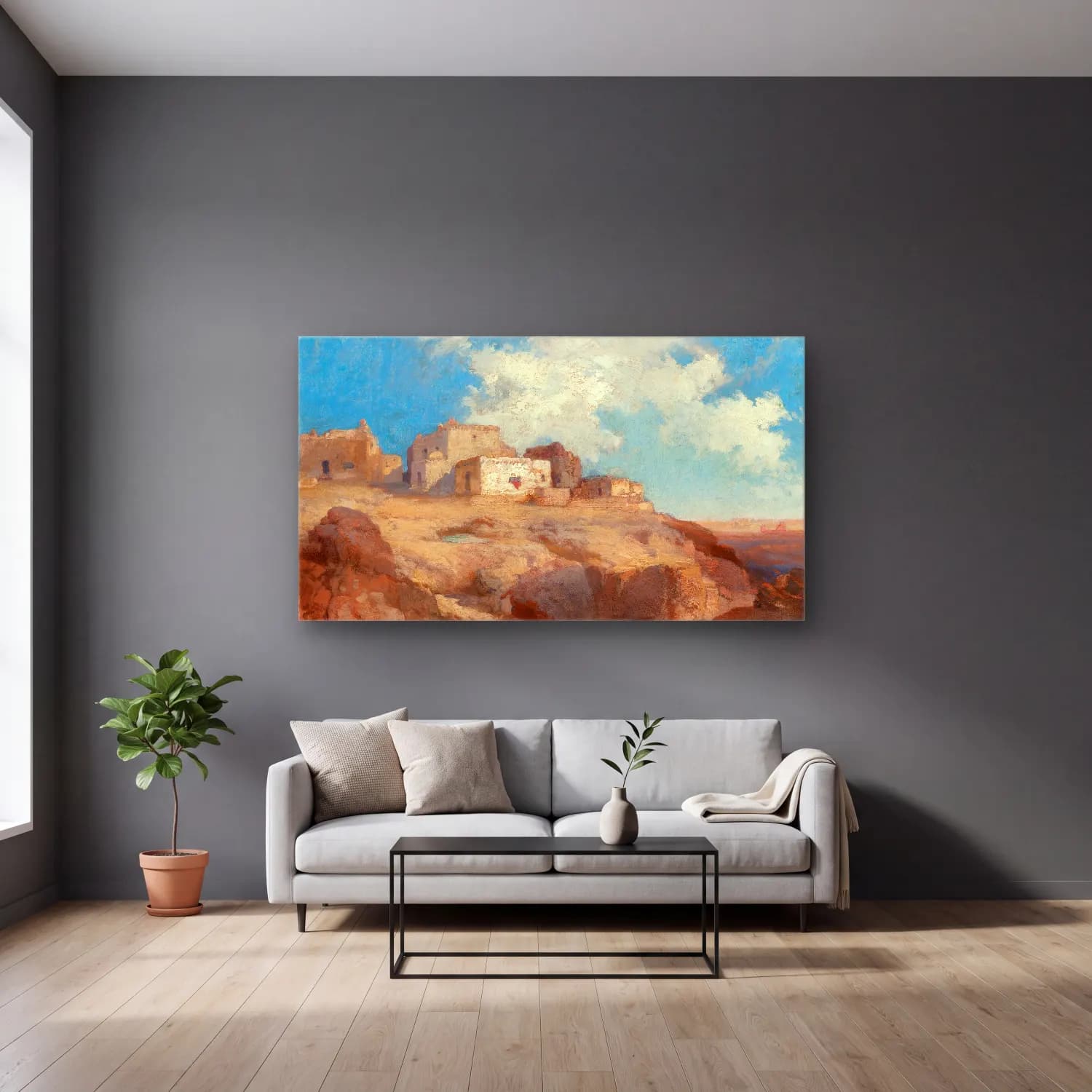 Thomas Moran – A Bit of Acoma, New Mexico cam tablo — gri duvarlı salonda