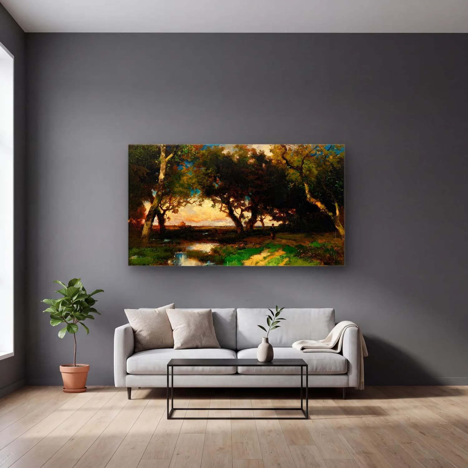 Thomas Moran – Under The Trees cam tablo — gri duvarlı salonda