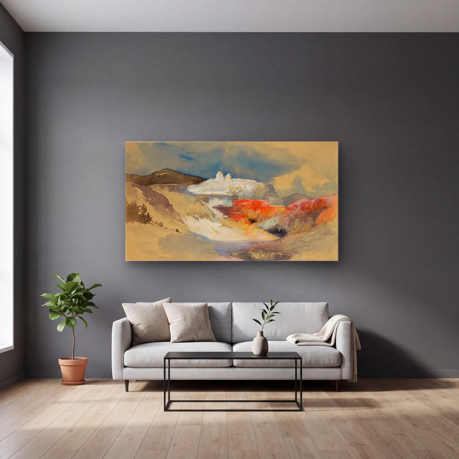 Thomas Moran – Yellowstone, Hot Springs cam tablo — gri duvarlı salonda