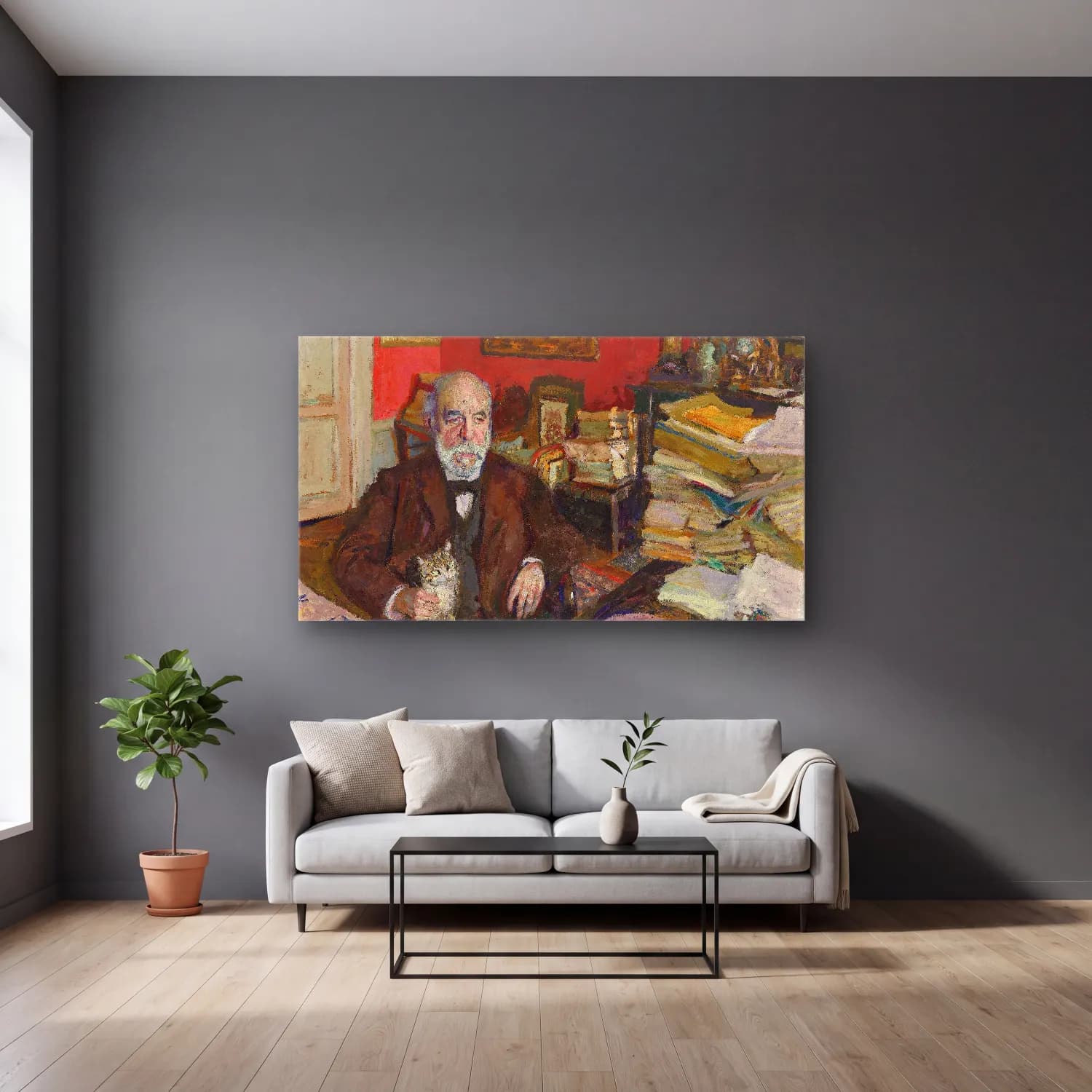 Empresyonist Erkek Portresi – Pastel Tonlar cam tablo — gri duvarlı salonda