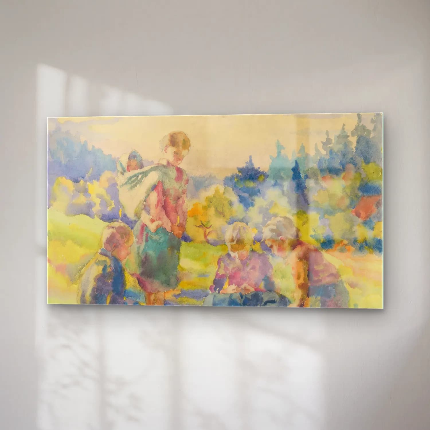 Suluboya Anne ve Çocuk No. 4 cam tablo — sağ açıdan görünüm
