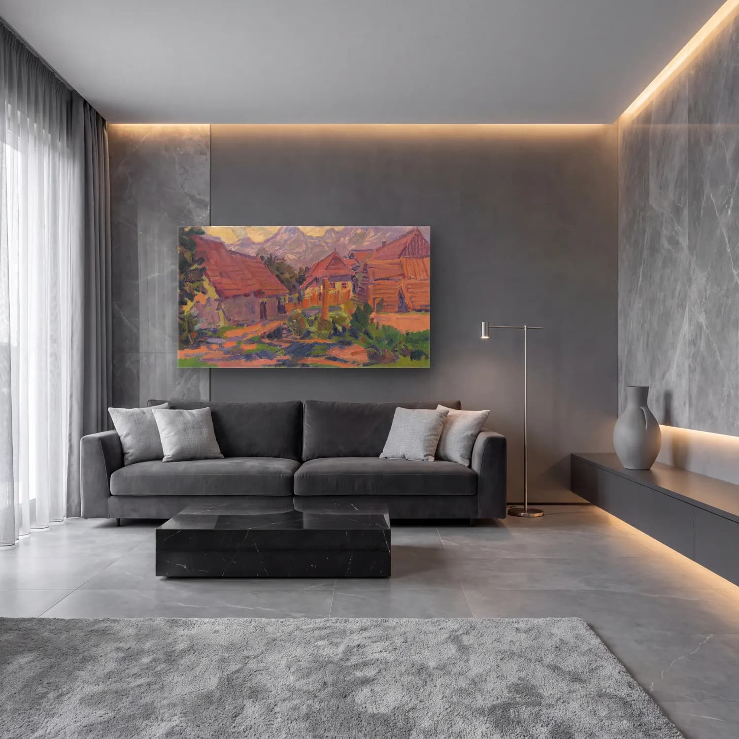 Yağlı Boya Köy Sokağı No. 4 cam tablo — lüks salon duvarında