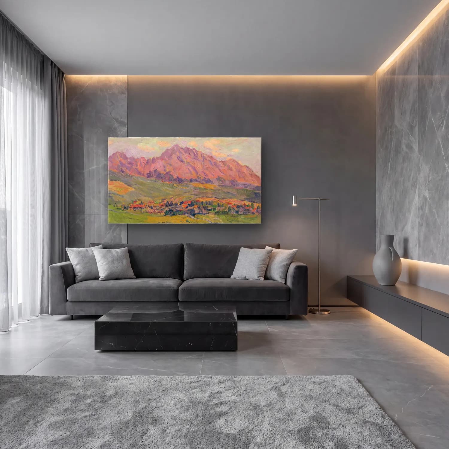 Empresyonist Dağ Manzarası No. 7 cam tablo — lüks salon duvarında
