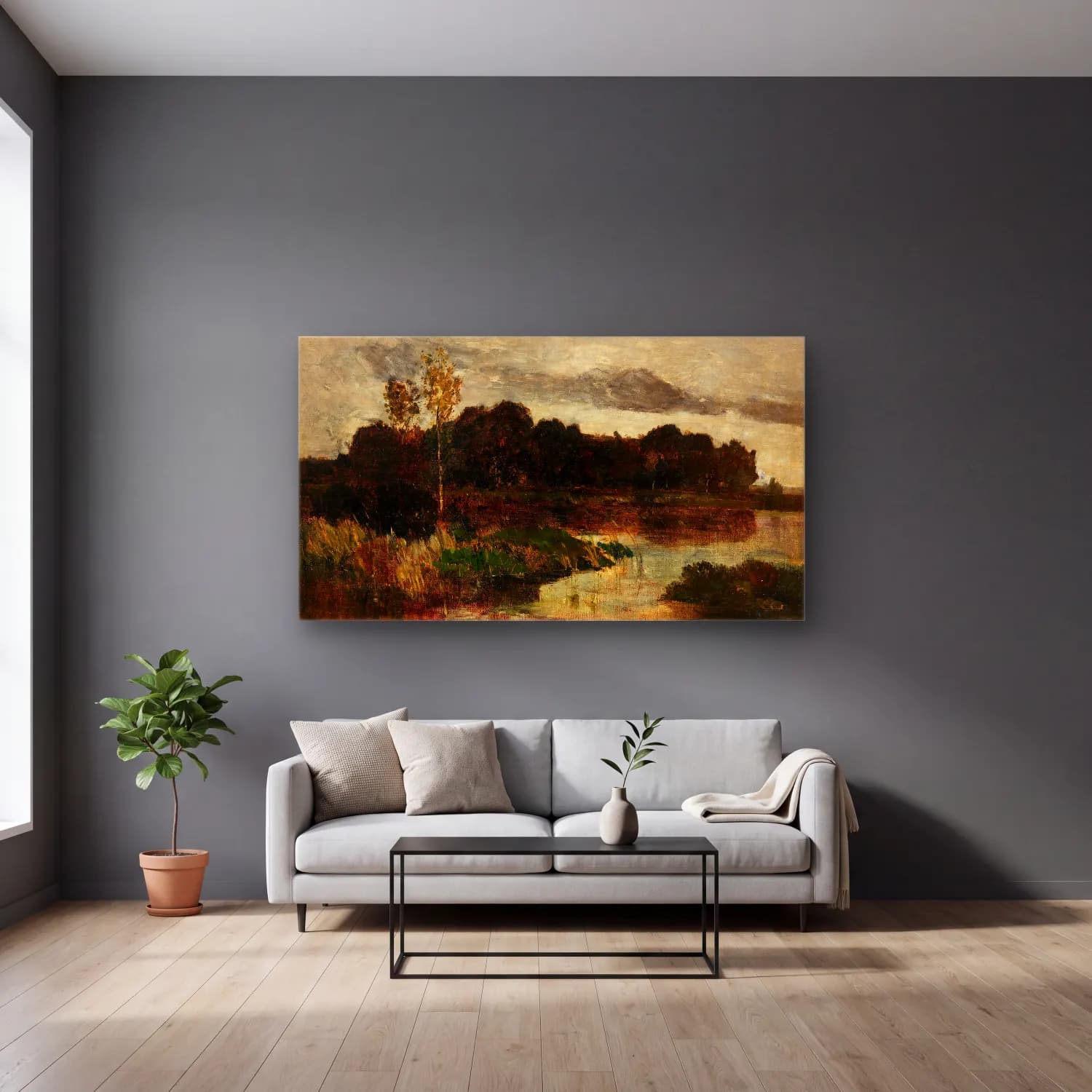 Karl Hagemeister – Märkische Landschaft cam tablo — gri duvarlı salonda