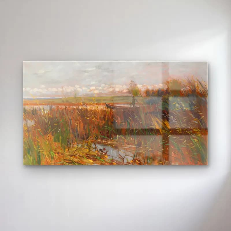 Karl Hagemeister – Märkische Seenlandschaft mit Entenjäger im Kahn stehend cam tablo — Karl Hagemeister – Märkische Seenlandschaft mit Entenjäger im Kahn stehend — empresyonist kırda nehir
