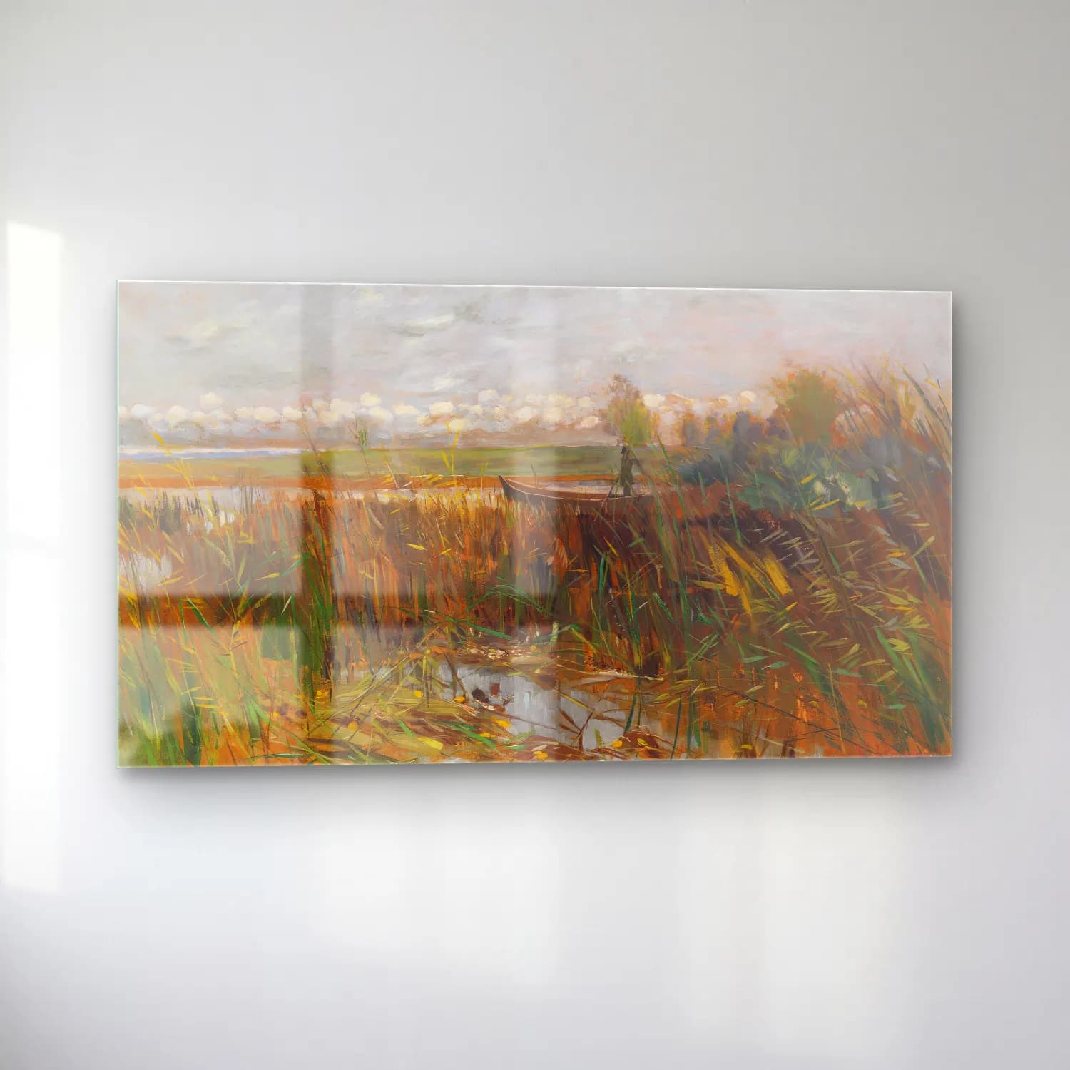 Karl Hagemeister – Märkische Seenlandschaft mit Entenjäger im Kahn stehend cam tablo — sol açıdan görünüm