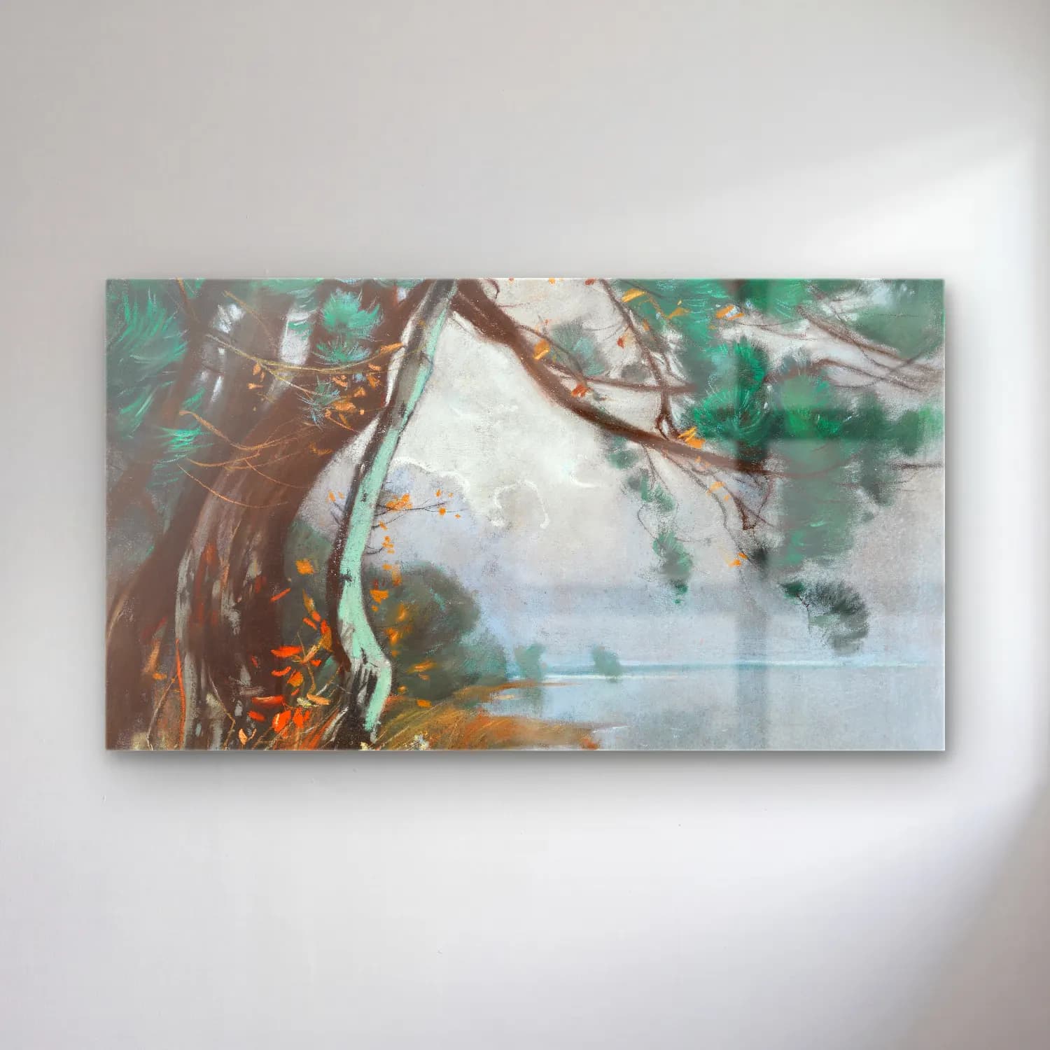 Karl Hagemeister – Uferlandschaft mit Kiefern und Seerosen (Schwielowsee) cam tablo — Karl Hagemeister – Uferlandschaft mit Kiefern und Seerosen (Schwielowsee) — empresyonist kırda nehir