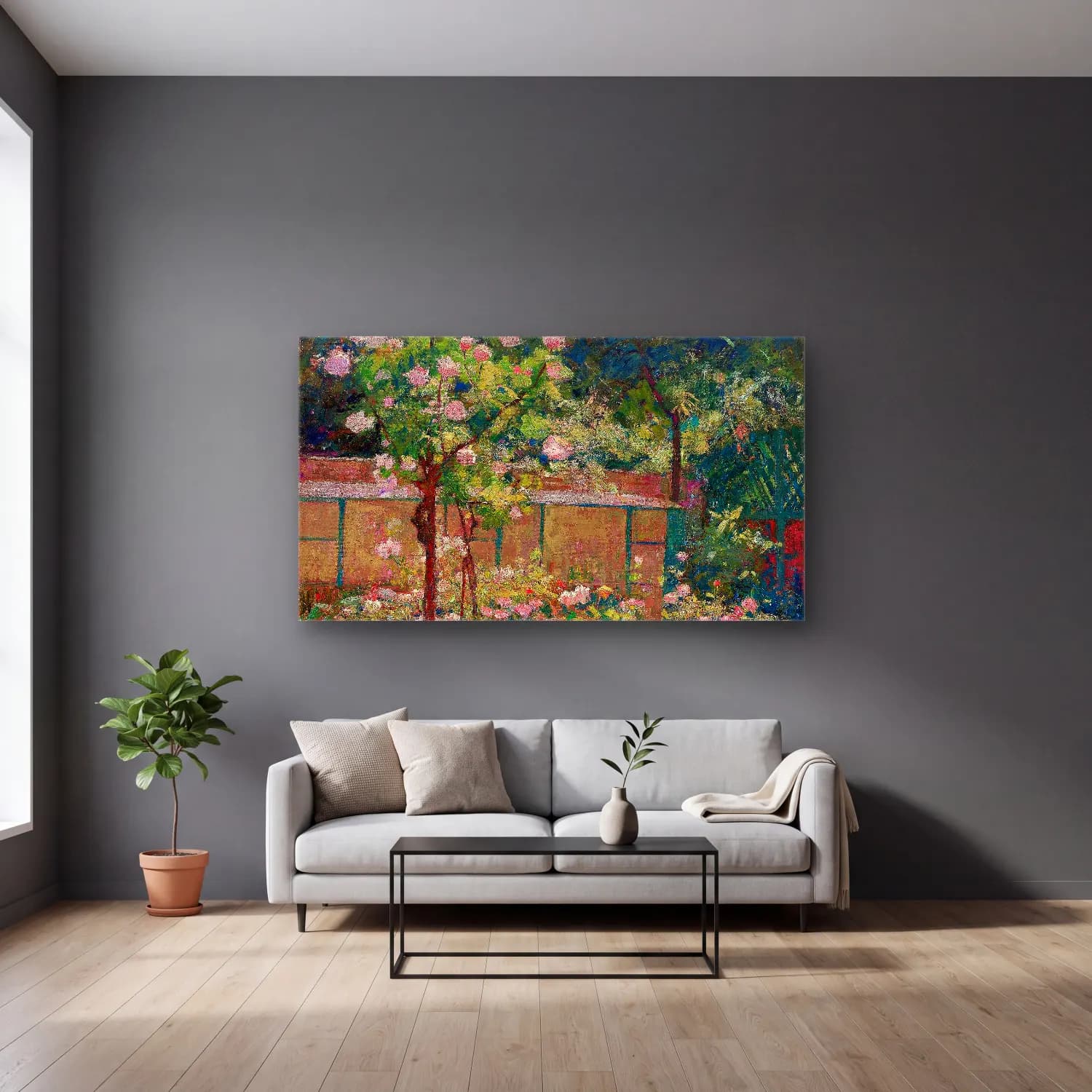 Robert William Vonnoh – Jardin en Fleurs (circa 1890) cam tablo — gri duvarlı salonda