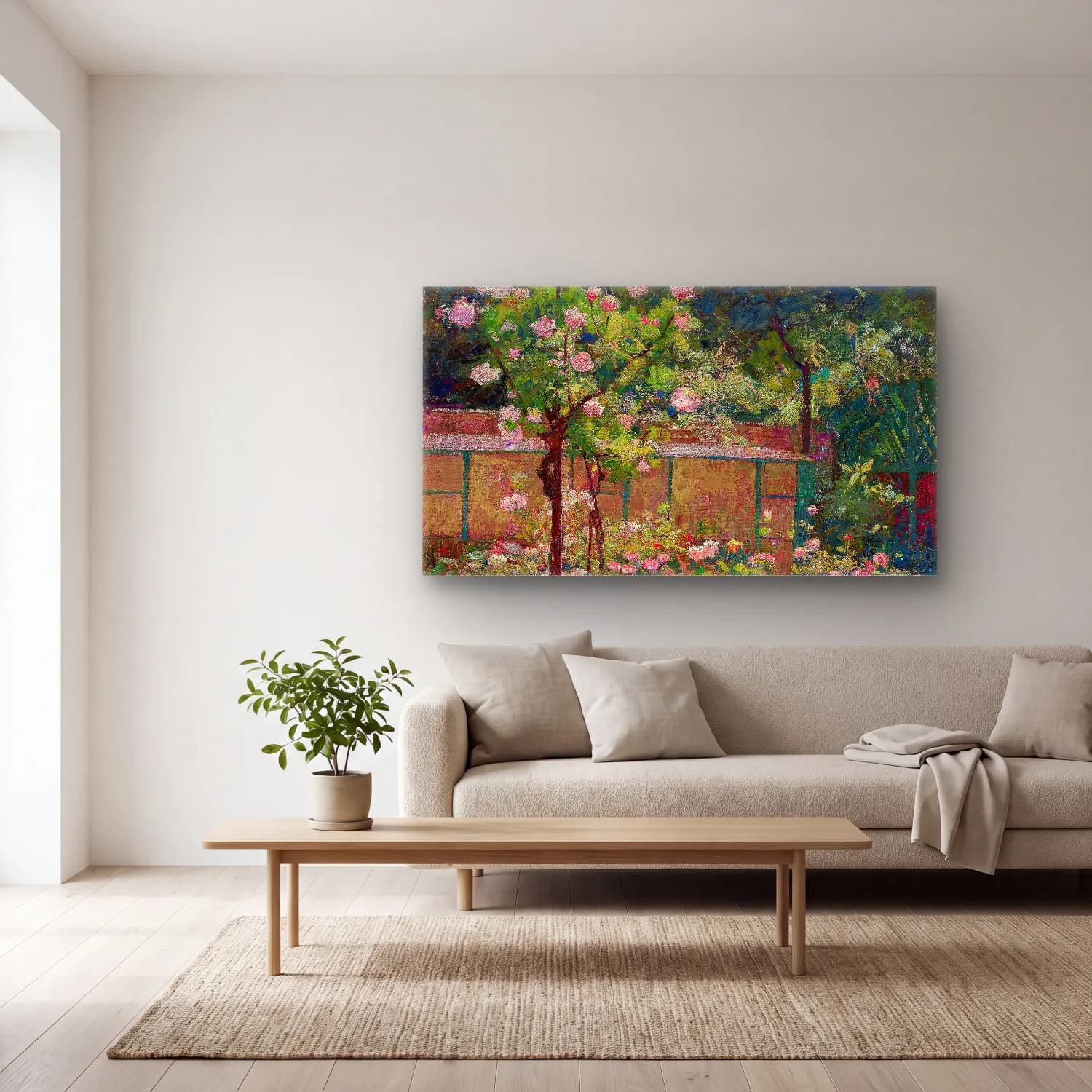 Robert William Vonnoh – Jardin en Fleurs (circa 1890) cam tablo — açık renk salonda